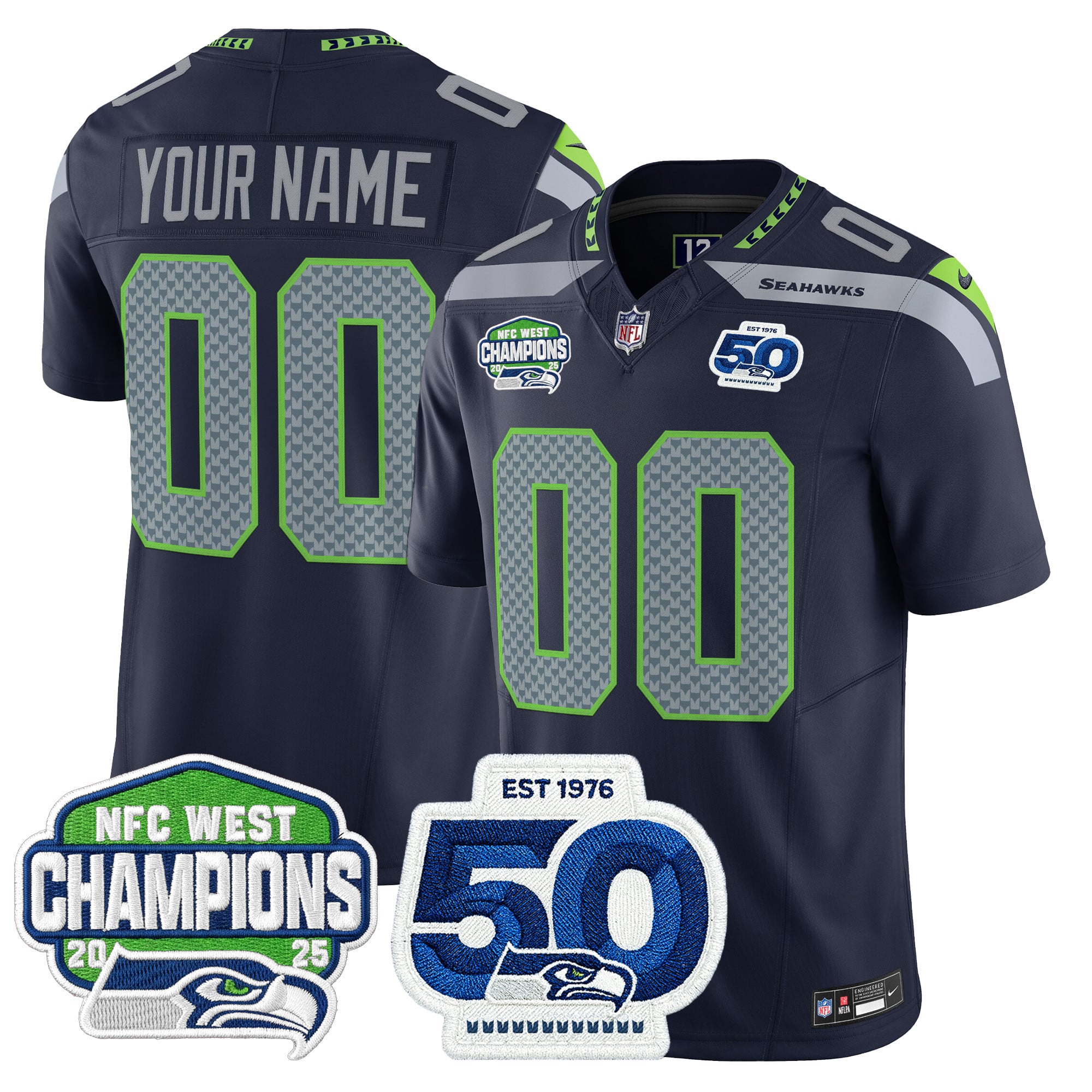 Seattle Seahawks 2025 NFC West Division Champions & 50th Anniversary Patch Vapor Limited Custom Jersey - All Stitched - Image 2