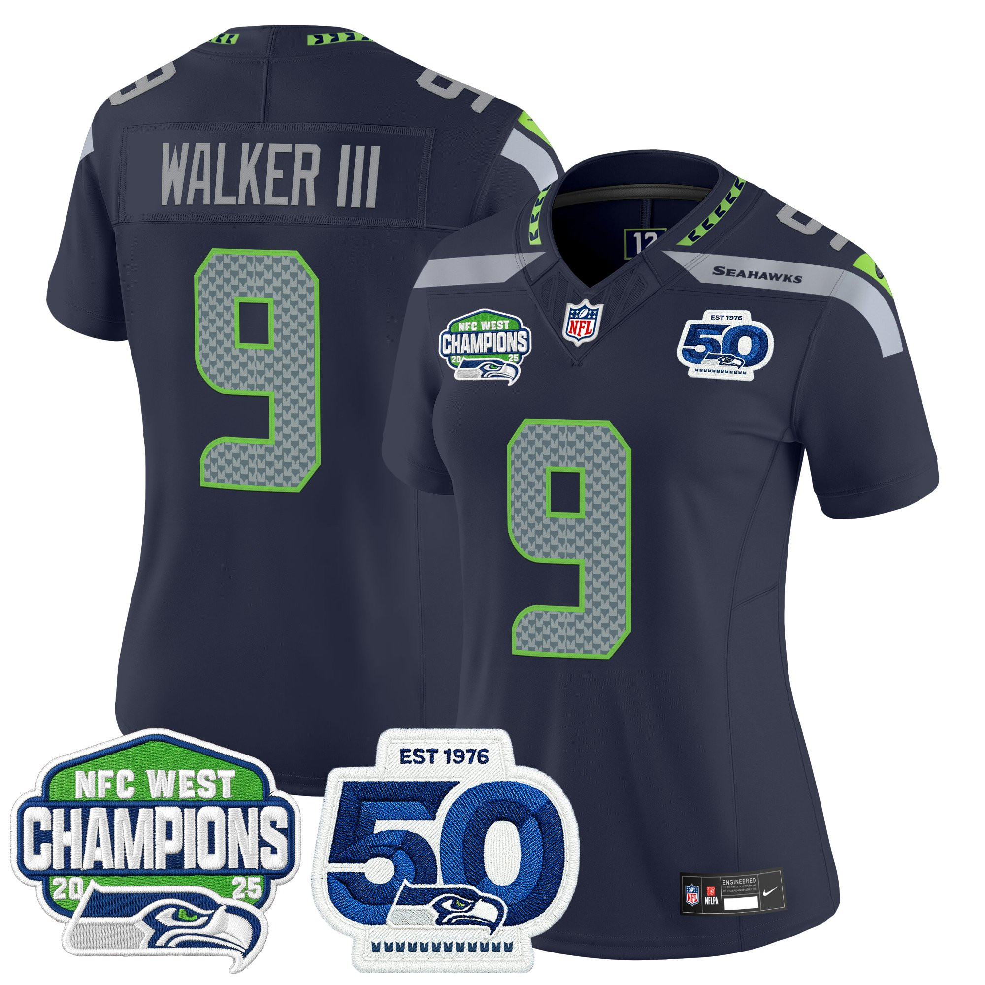 Women's Seattle Seahawks 2025 NFC West Division Champions & 50th Anniversary Patch Vapor Limited Jersey - All Stitched - Image 14