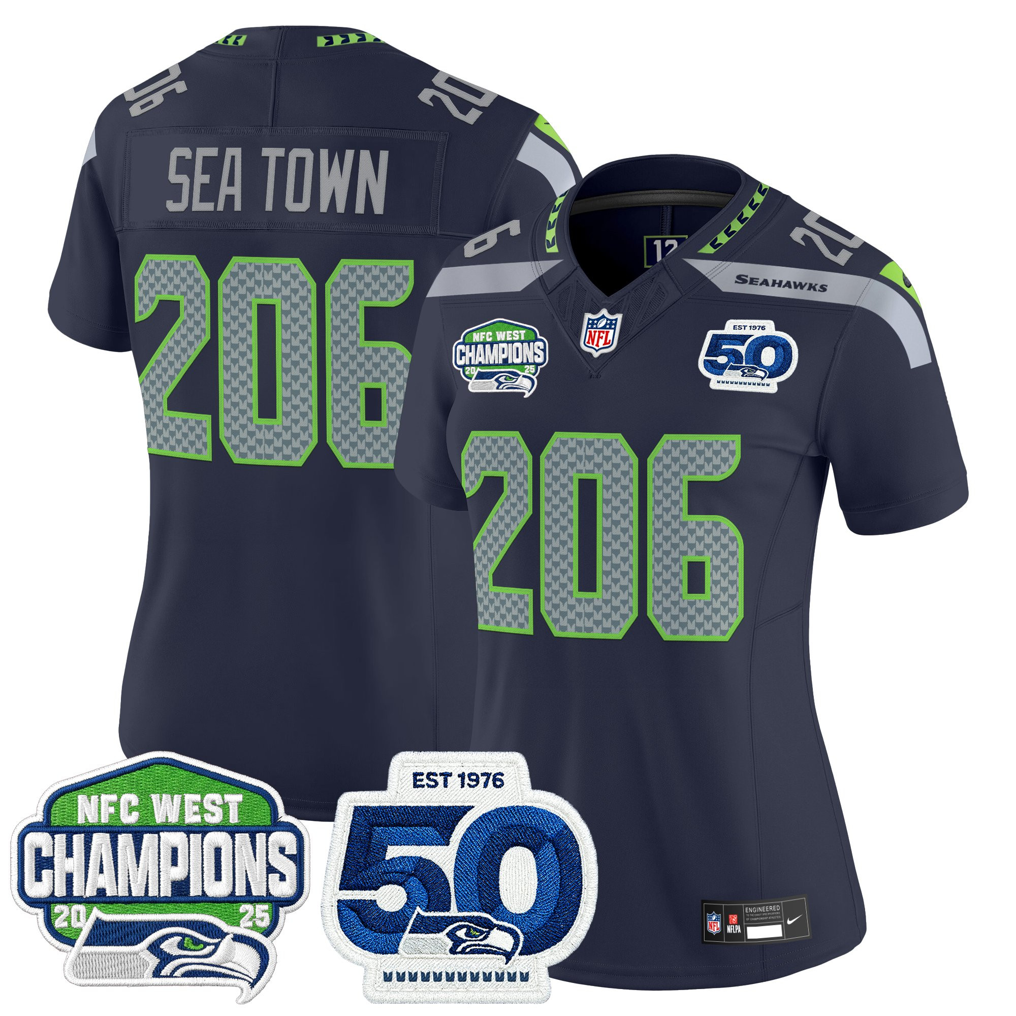 Women's Seattle Seahawks 2025 NFC West Division Champions & 50th Anniversary Patch Vapor Limited Jersey - All Stitched - Image 11
