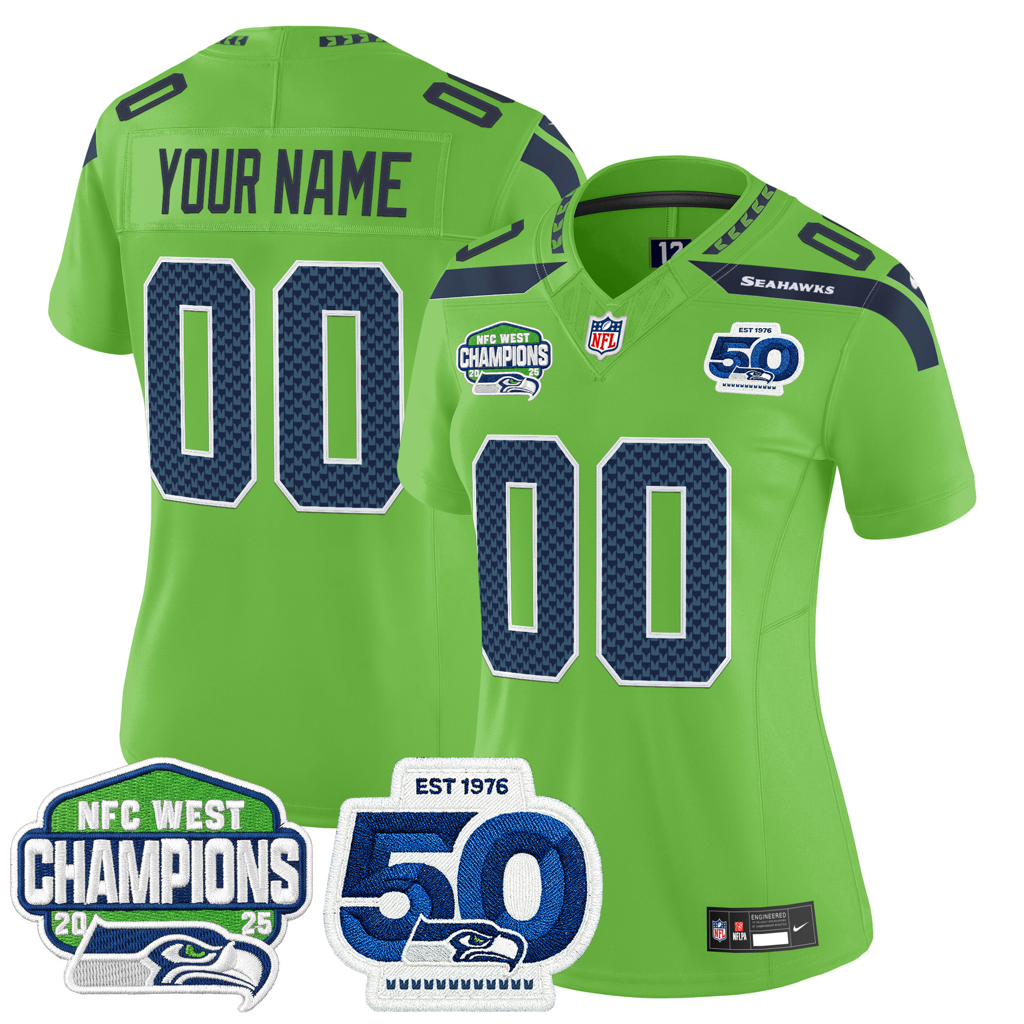 Seattle Seahawks 2025 NFC West Division Champions & 50th Anniversary Patch Vapor Limited Custom Jersey - All Stitched - Image 5