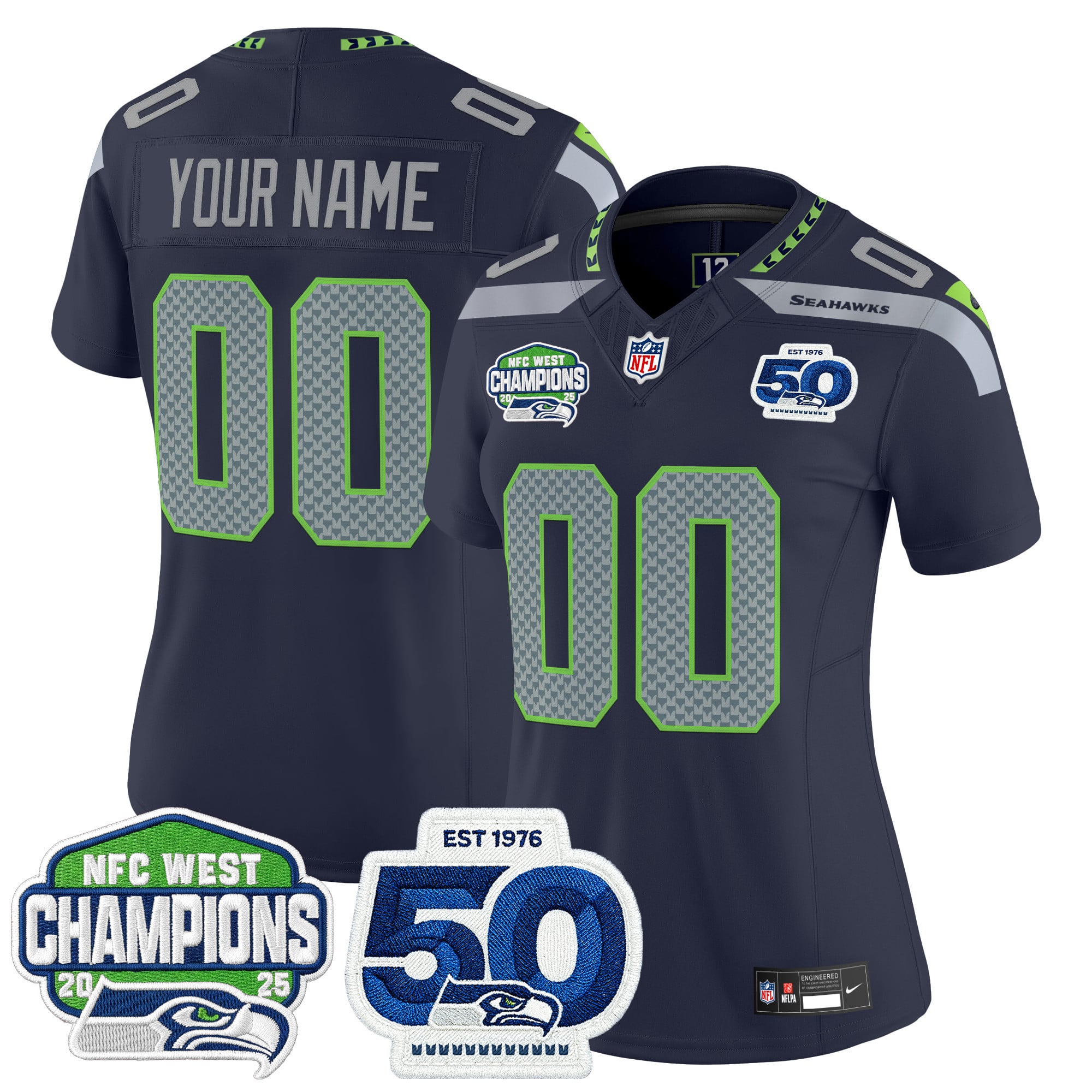Seattle Seahawks 2025 NFC West Division Champions & 50th Anniversary Patch Vapor Limited Custom Jersey - All Stitched - Image 6