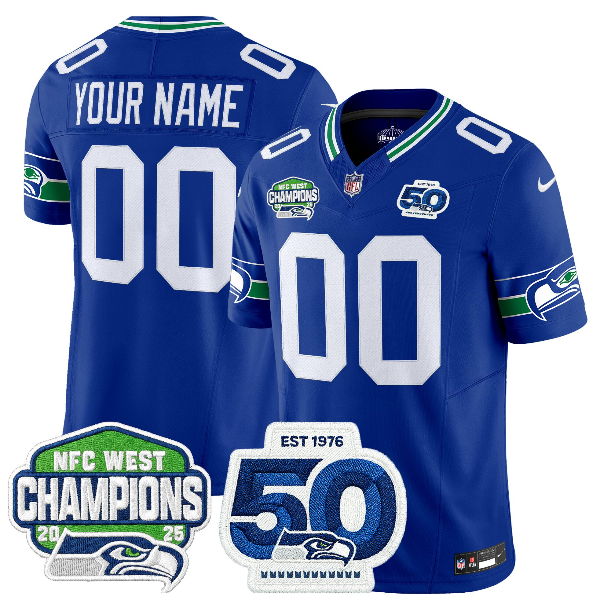 Seattle Seahawks 2025 NFC West Division Champions & 50th Anniversary Patch Vapor Limited Custom Jersey - All Stitched - Image 4