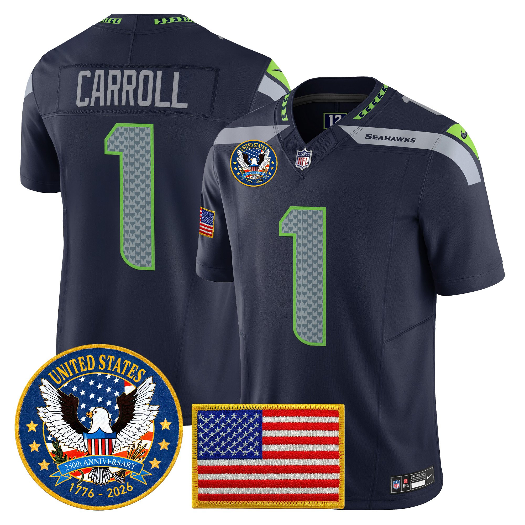 Men's Seattle Seahawks "United States 250th Anniversary Patch" Vapor Limited Jersey - All Stitched - Image 13