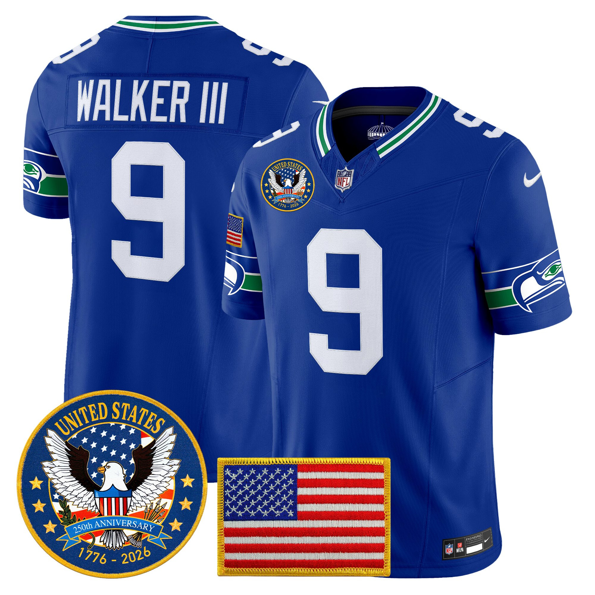 Men's Seattle Seahawks "United States 250th Anniversary Patch" Vapor Limited Jersey - All Stitched - Image 7