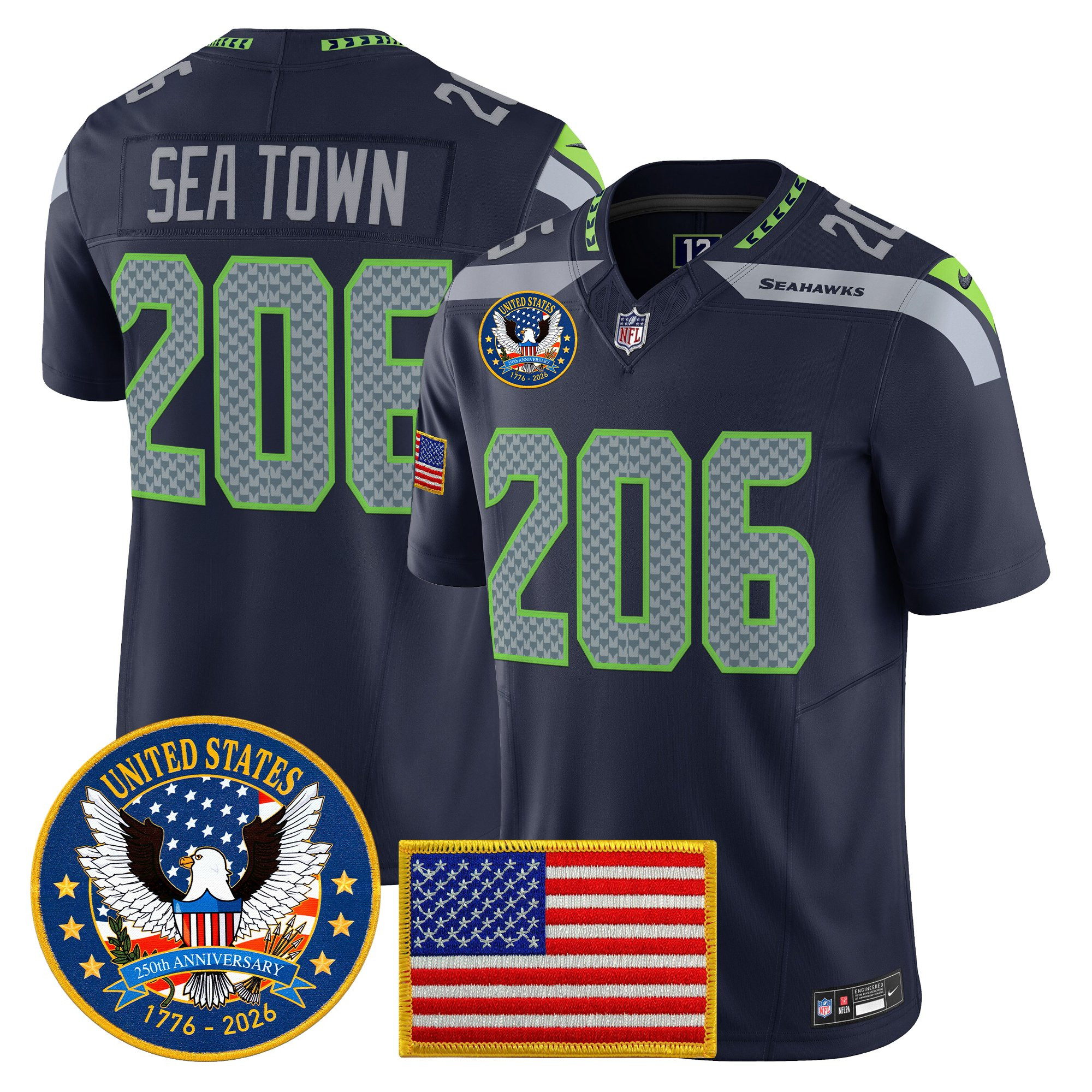 Men's Seattle Seahawks "United States 250th Anniversary Patch" Vapor Limited Jersey - All Stitched - Image 12