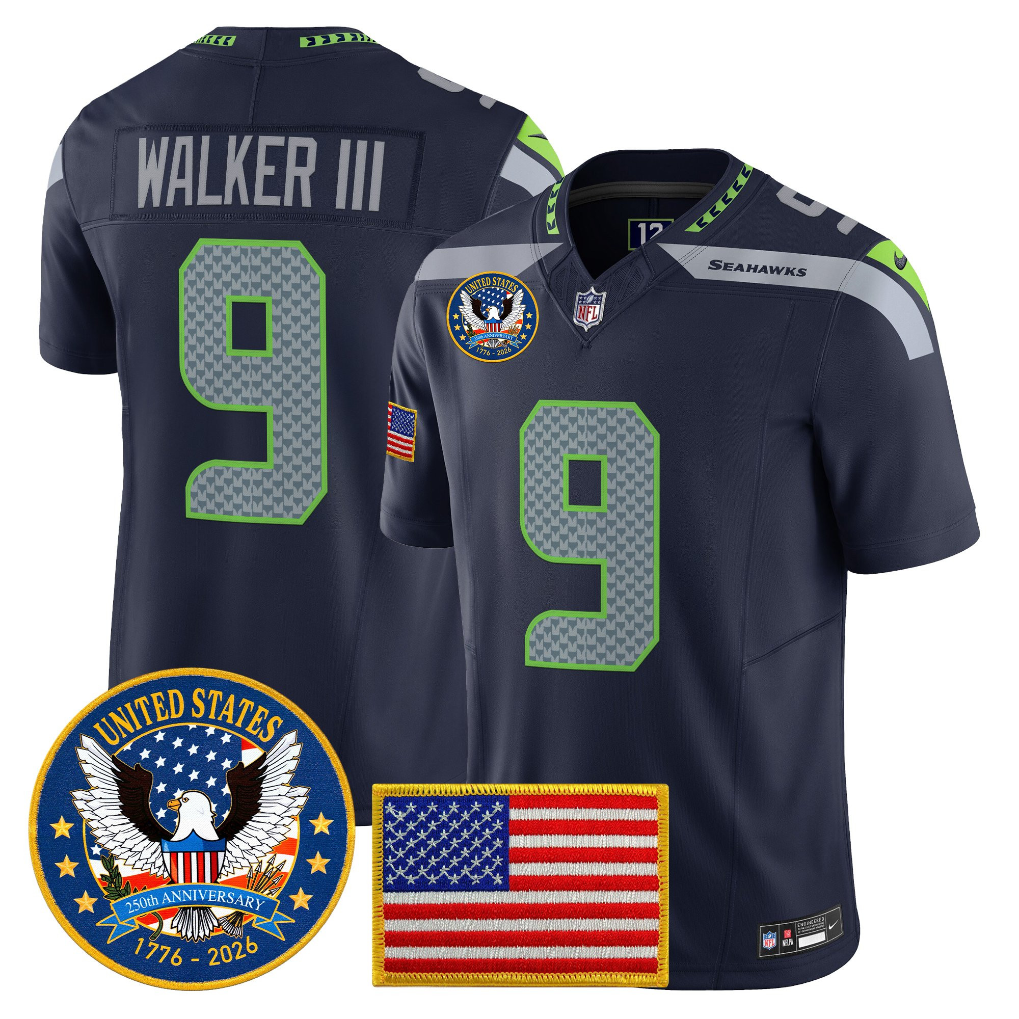 Men's Seattle Seahawks "United States 250th Anniversary Patch" Vapor Limited Jersey - All Stitched - Image 16
