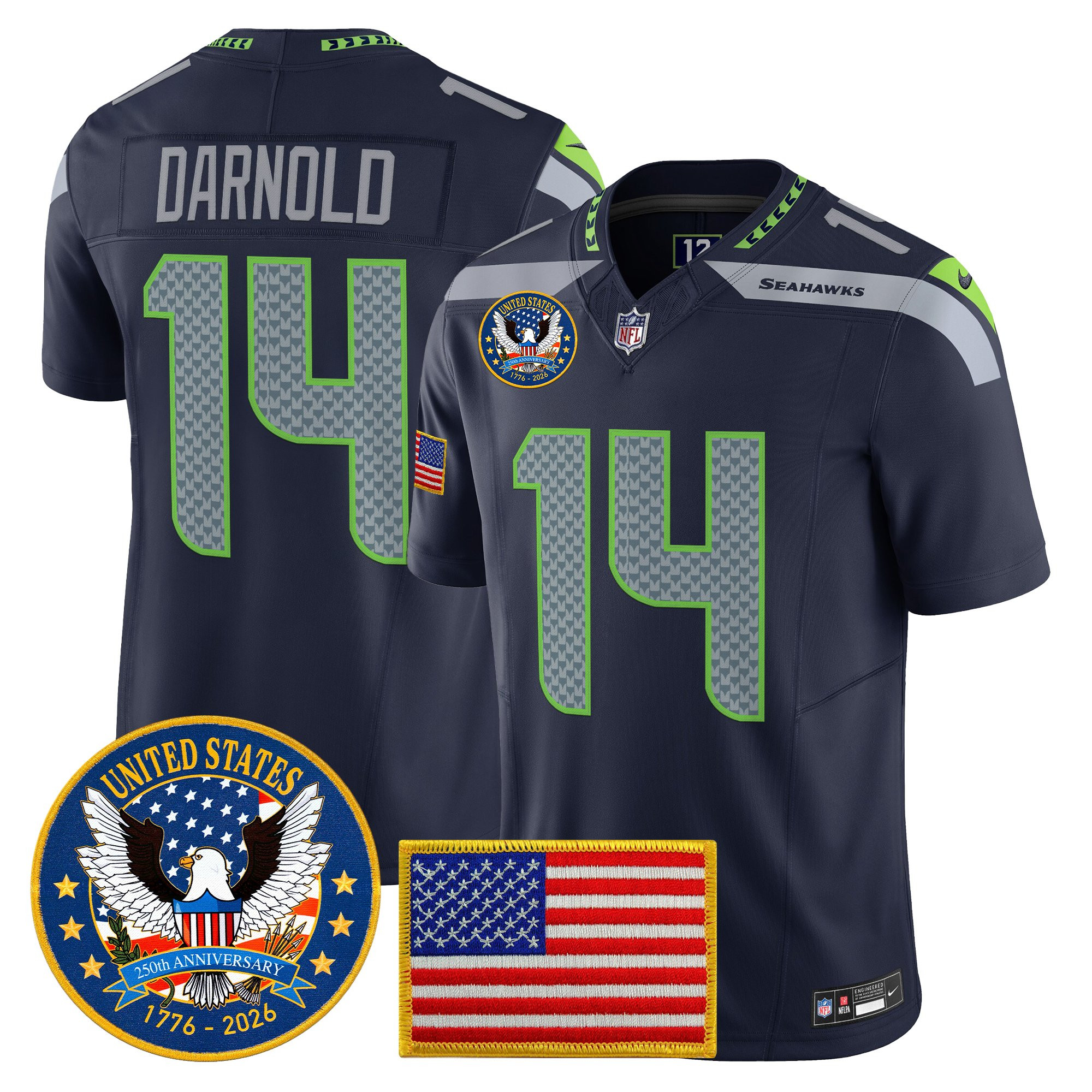 Men's Seattle Seahawks "United States 250th Anniversary Patch" Vapor Limited Jersey - All Stitched - Image 10