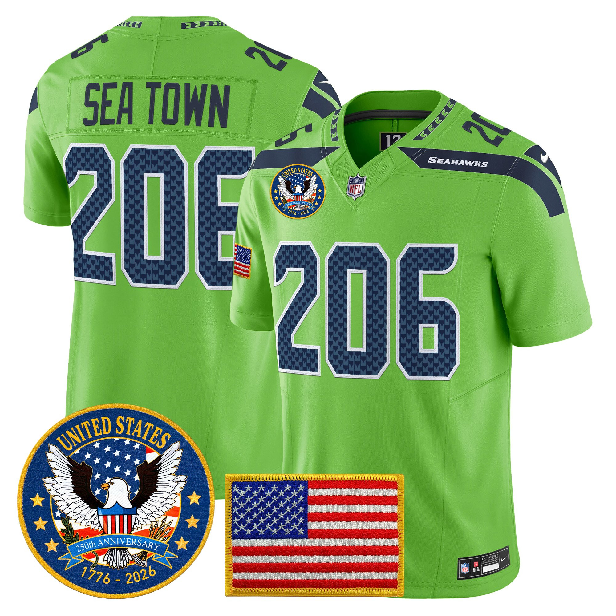 Men's Seattle Seahawks "United States 250th Anniversary Patch" Vapor Limited Jersey - All Stitched - Image 30