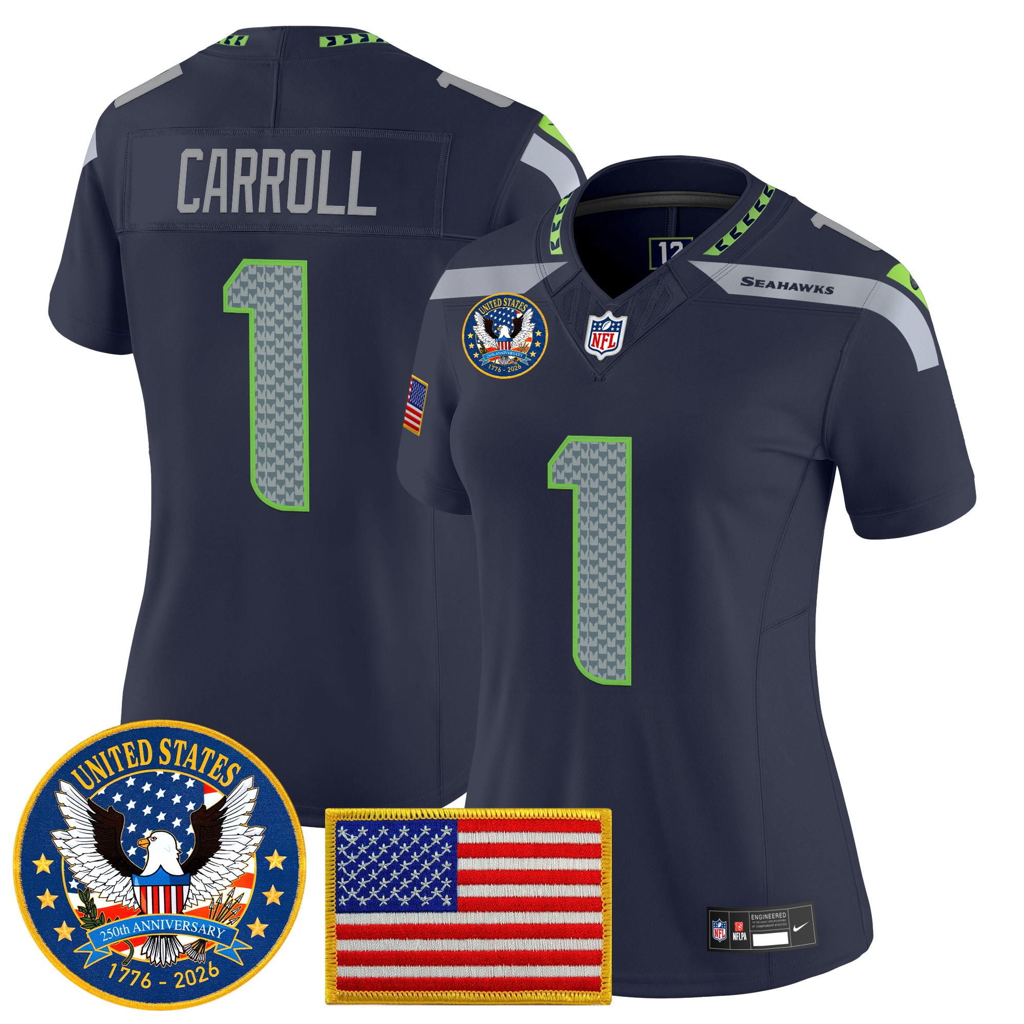 Women's Seattle Seahawks "United States 250th Anniversary Patch" Vapor Limited Jersey - All Stitched - Image 11