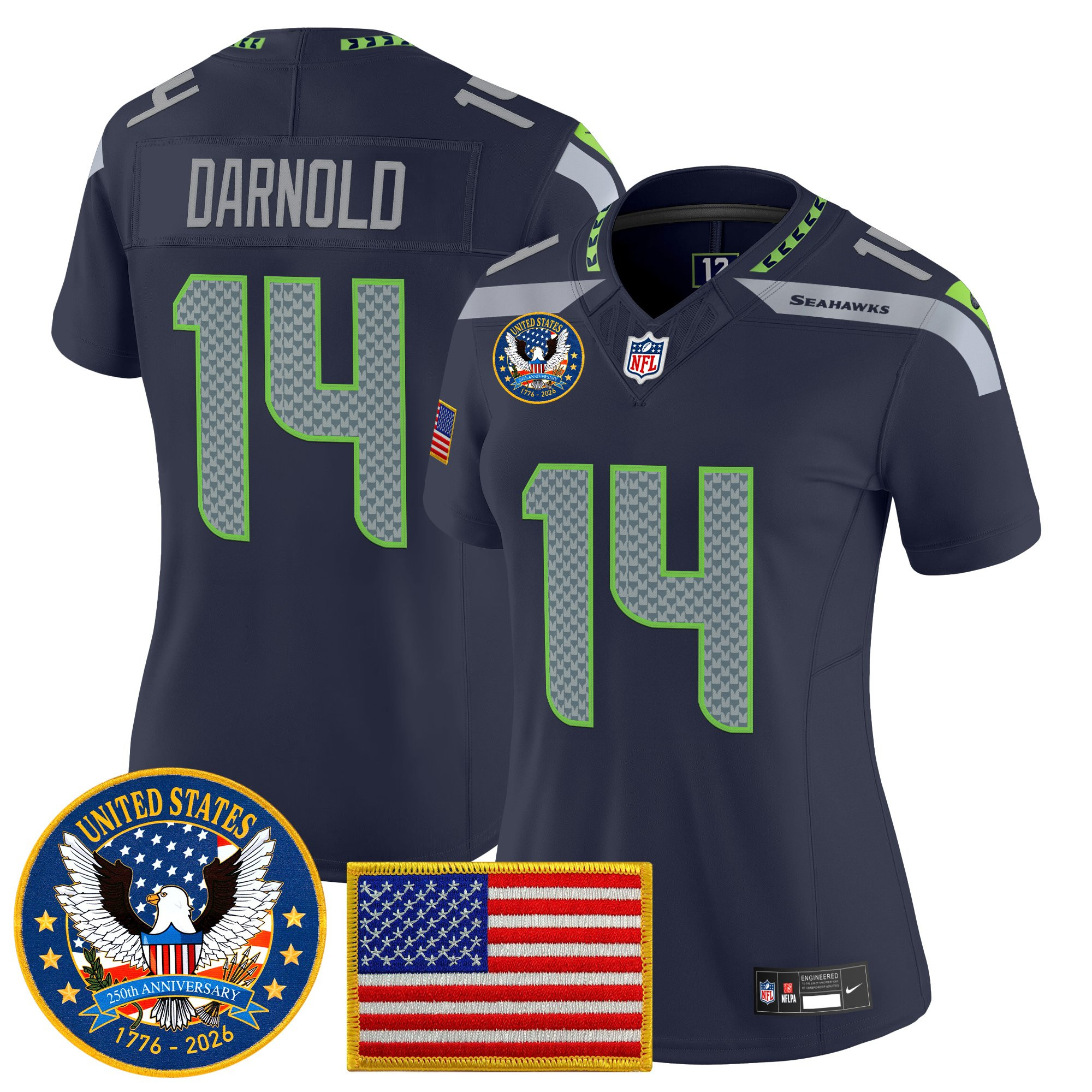 Women's Seattle Seahawks "United States 250th Anniversary Patch" Vapor Limited Jersey - All Stitched - Image 9