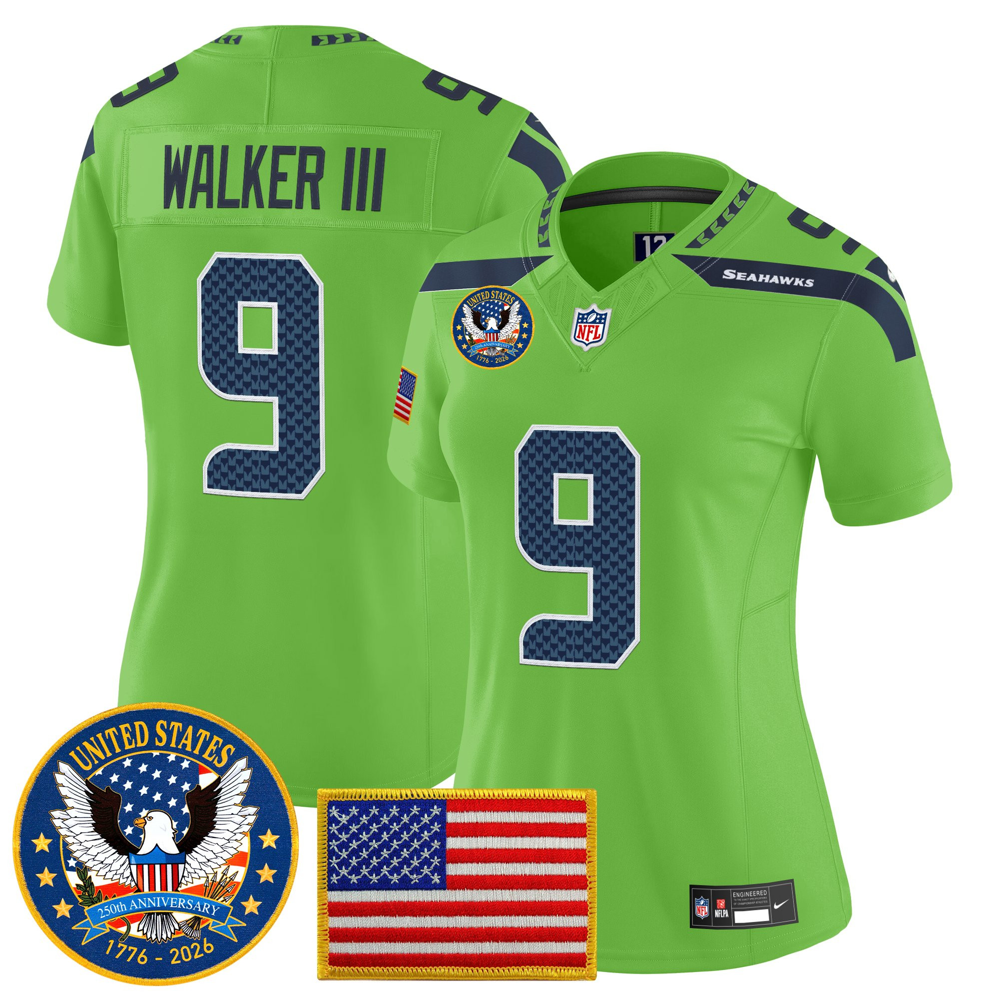 Women's Seattle Seahawks "United States 250th Anniversary Patch" Vapor Limited Jersey - All Stitched - Image 30