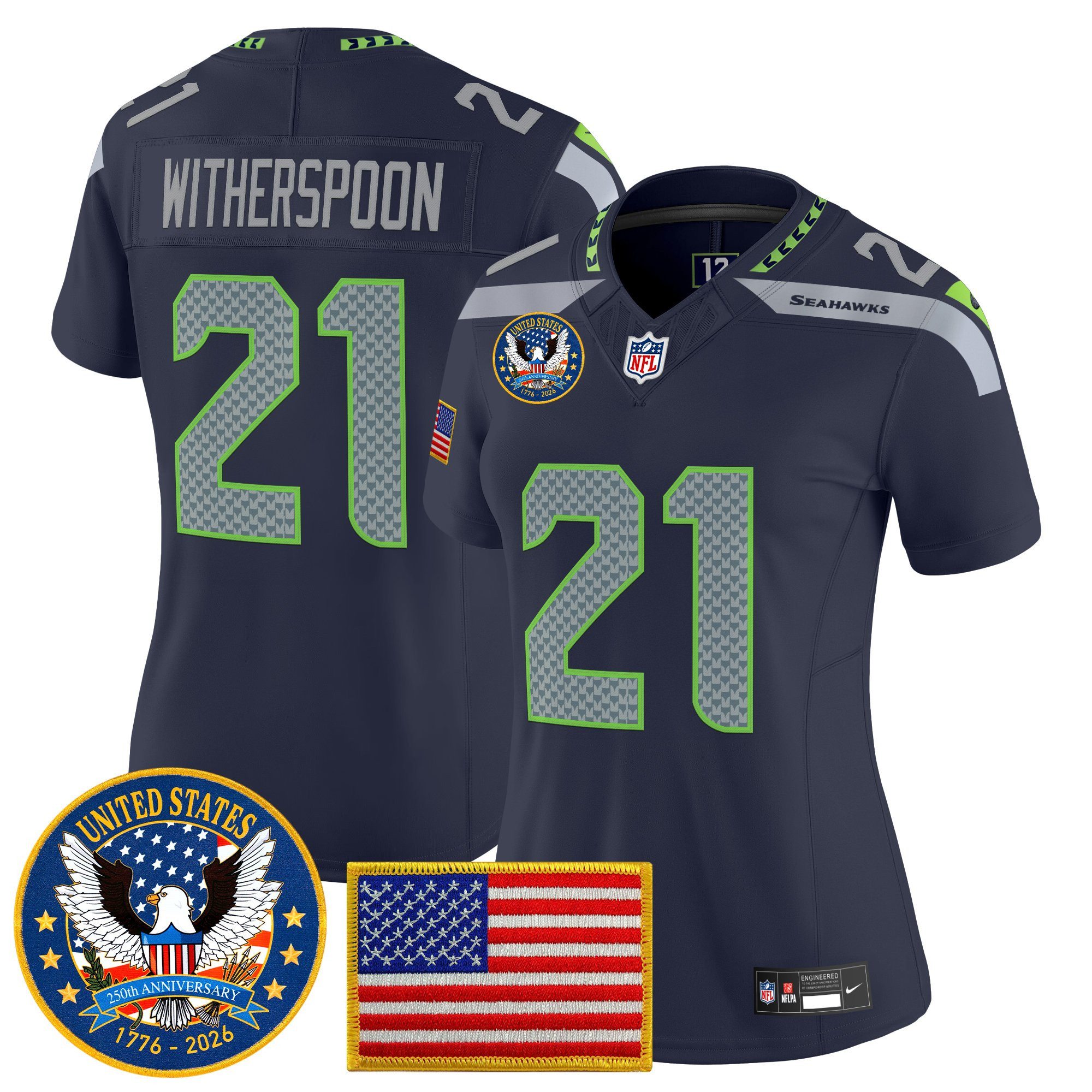Women's Seattle Seahawks "United States 250th Anniversary Patch" Vapor Limited Jersey - All Stitched - Image 13