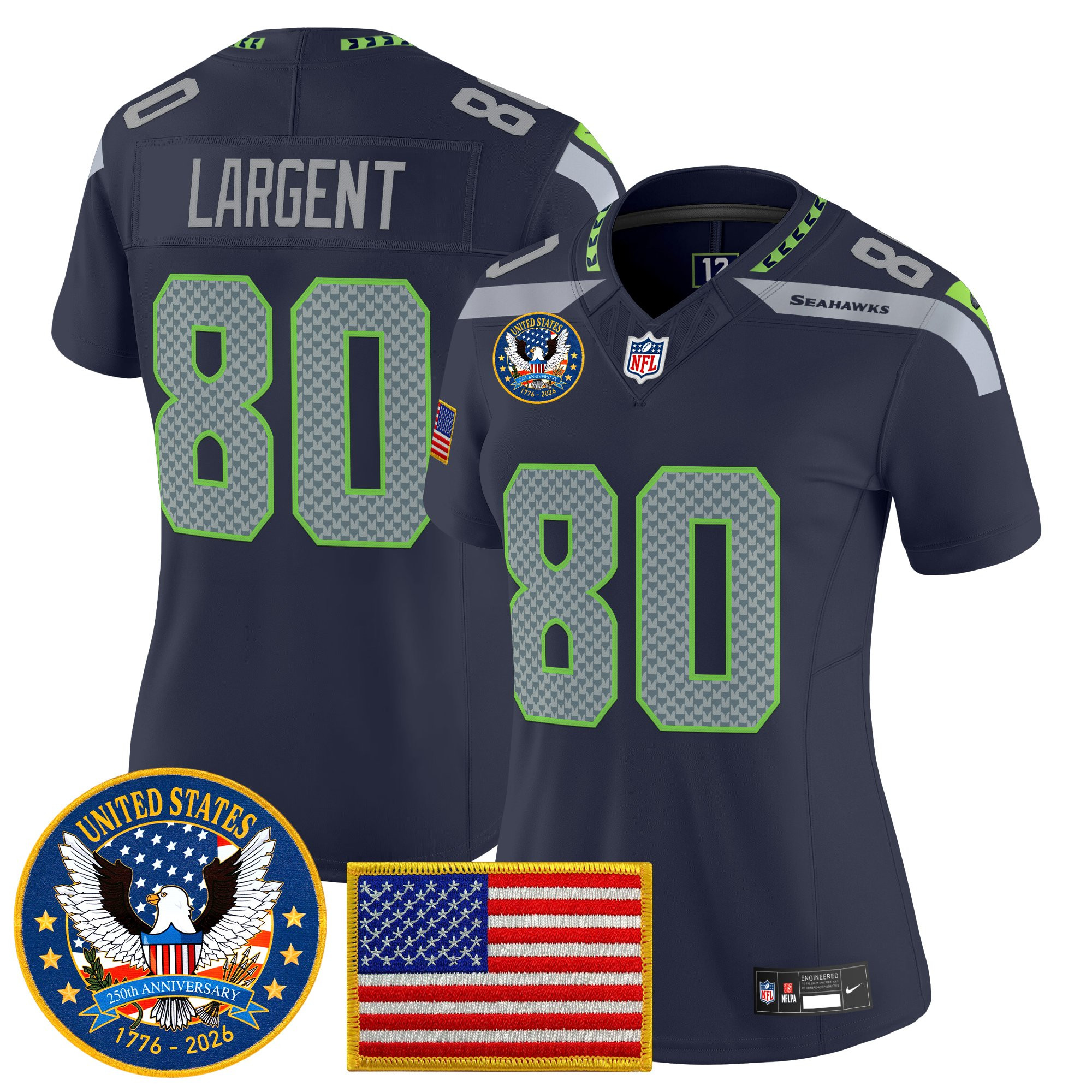 Women's Seattle Seahawks "United States 250th Anniversary Patch" Vapor Limited Jersey - All Stitched - Image 15