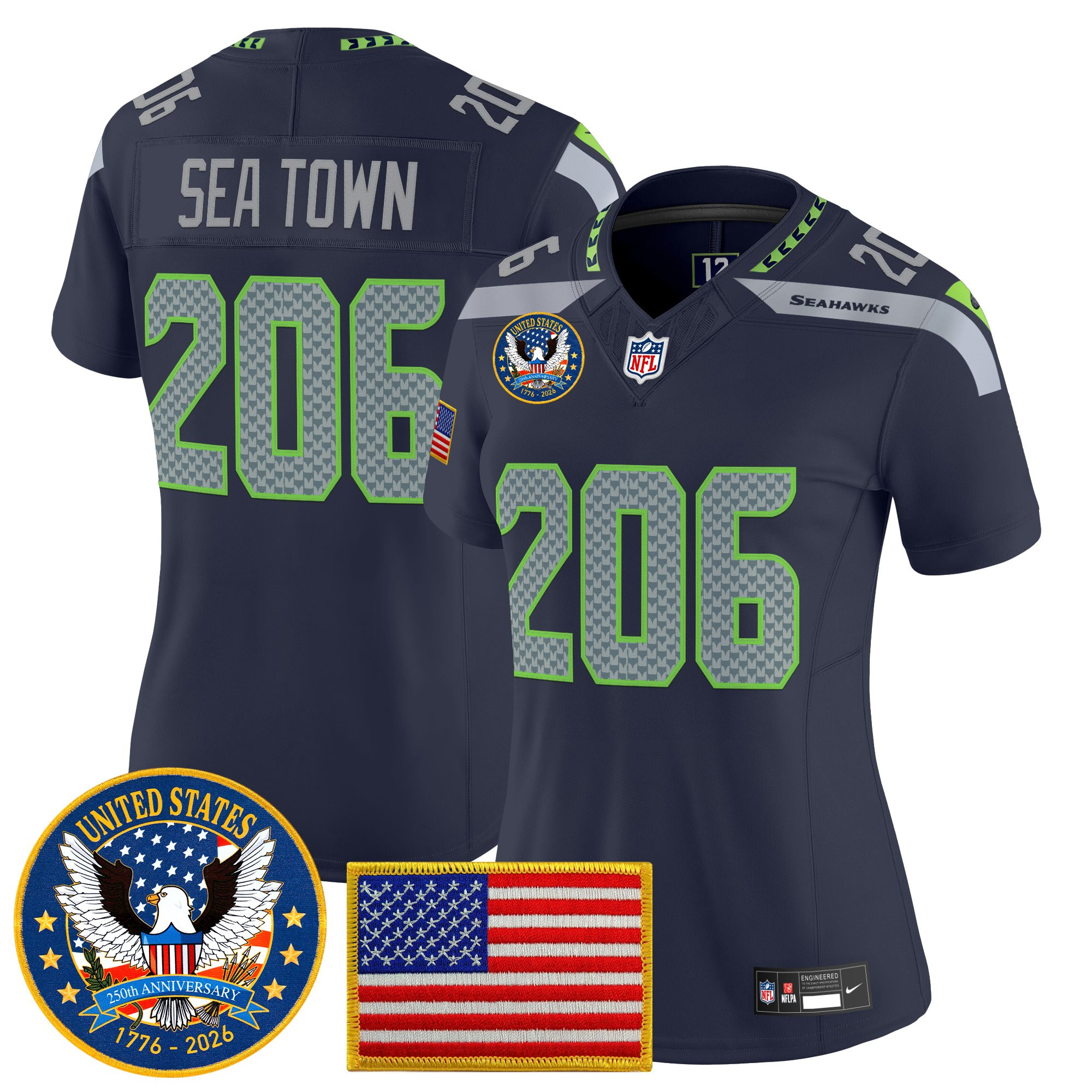 Women's Seattle Seahawks "United States 250th Anniversary Patch" Vapor Limited Jersey - All Stitched - Image 10