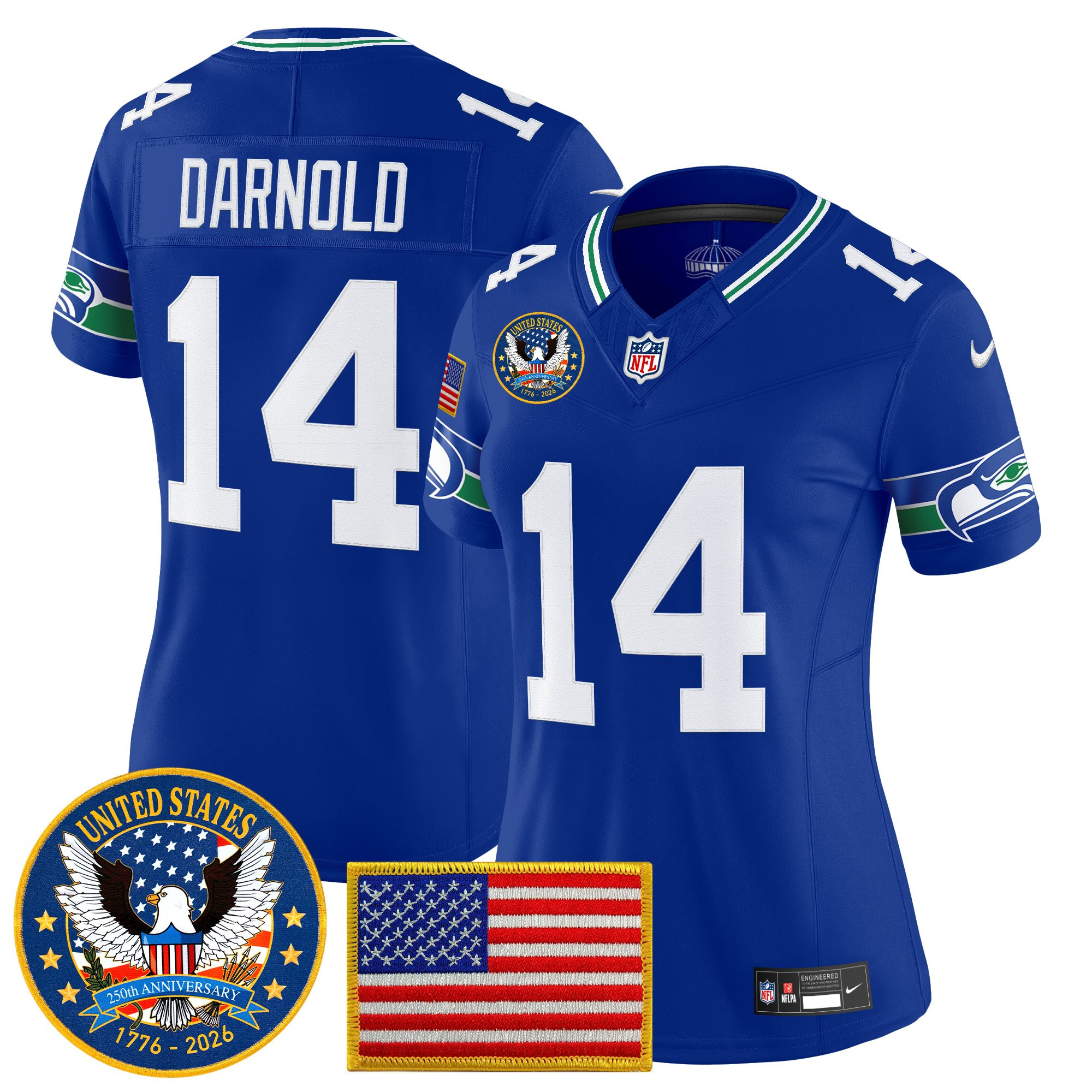 Women's Seattle Seahawks "United States 250th Anniversary Patch" Vapor Limited Jersey - All Stitched