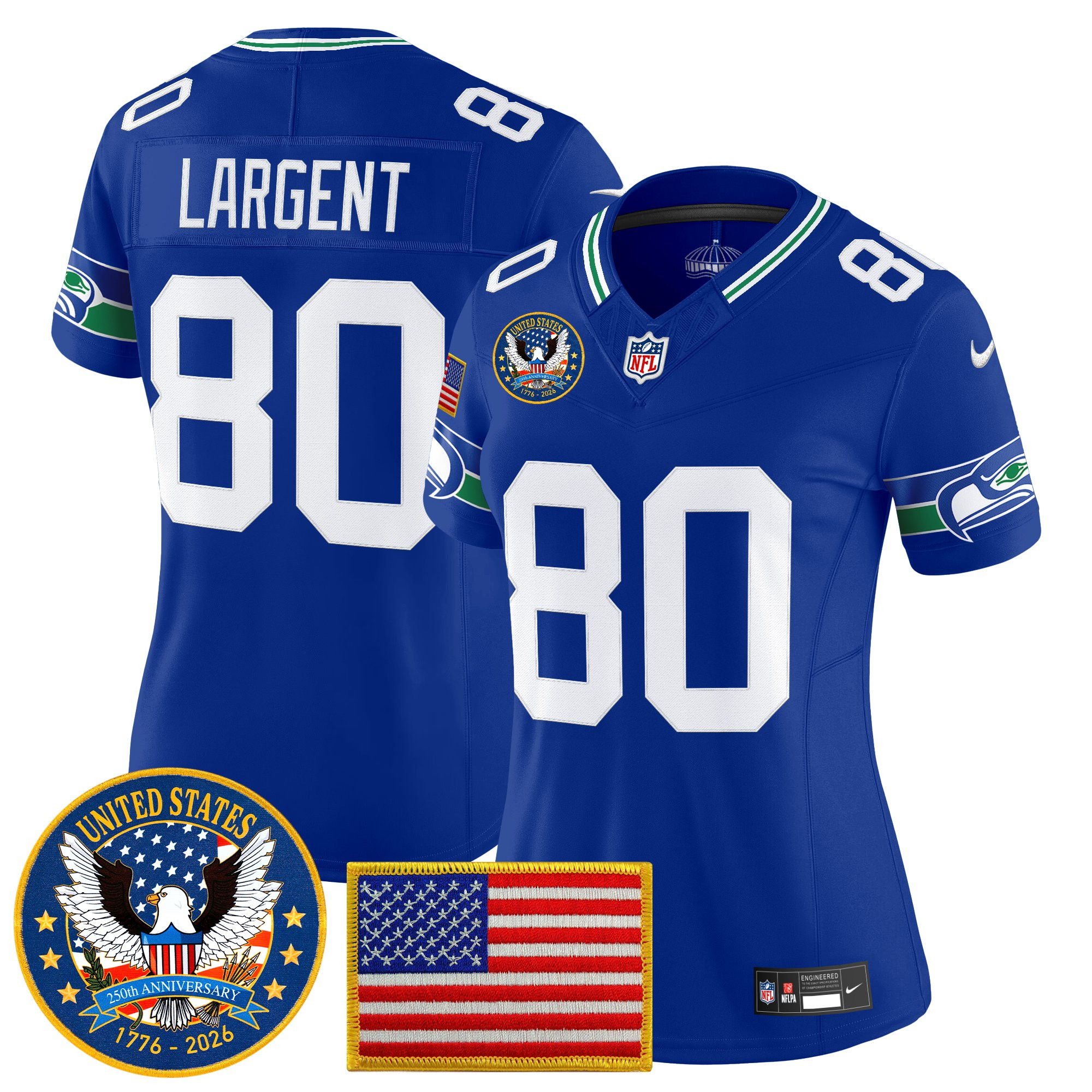 Women's Seattle Seahawks "United States 250th Anniversary Patch" Vapor Limited Jersey - All Stitched - Image 7