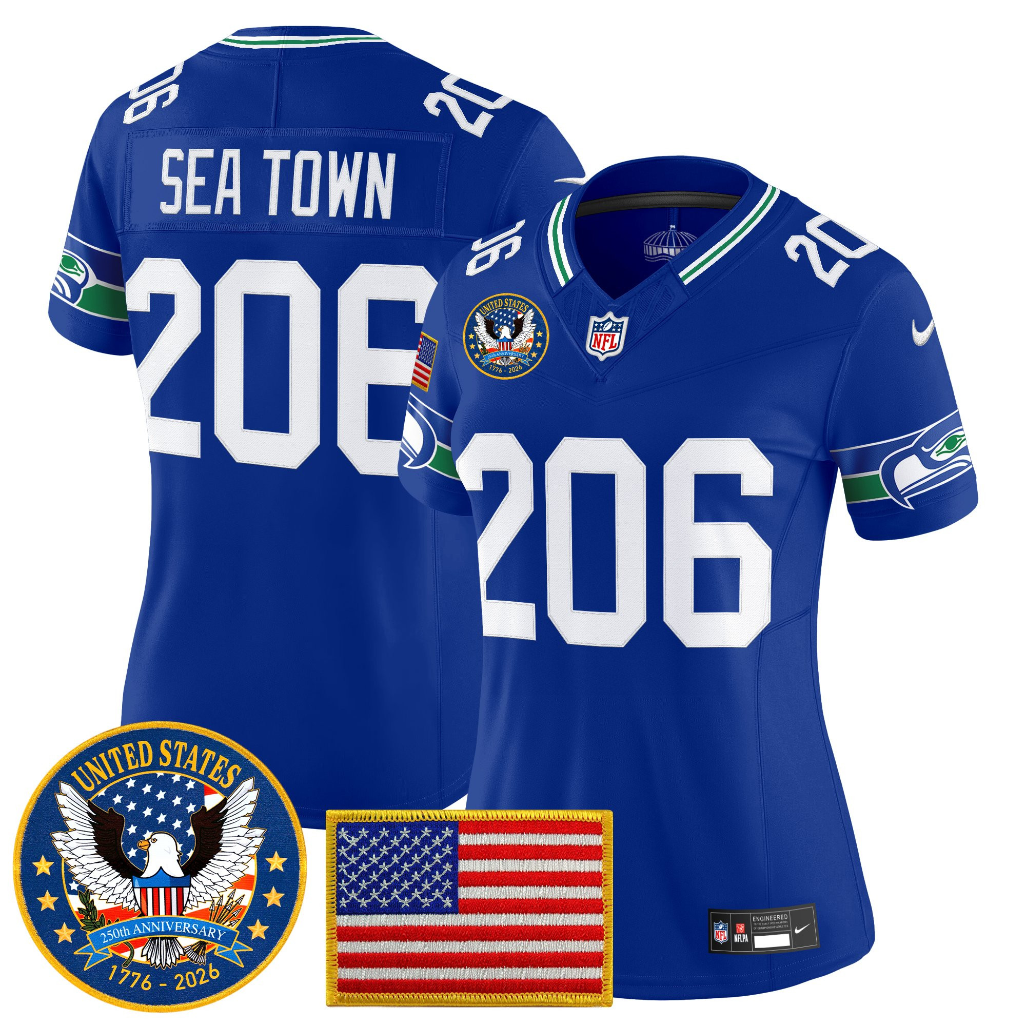 Women's Seattle Seahawks "United States 250th Anniversary Patch" Vapor Limited Jersey - All Stitched - Image 2