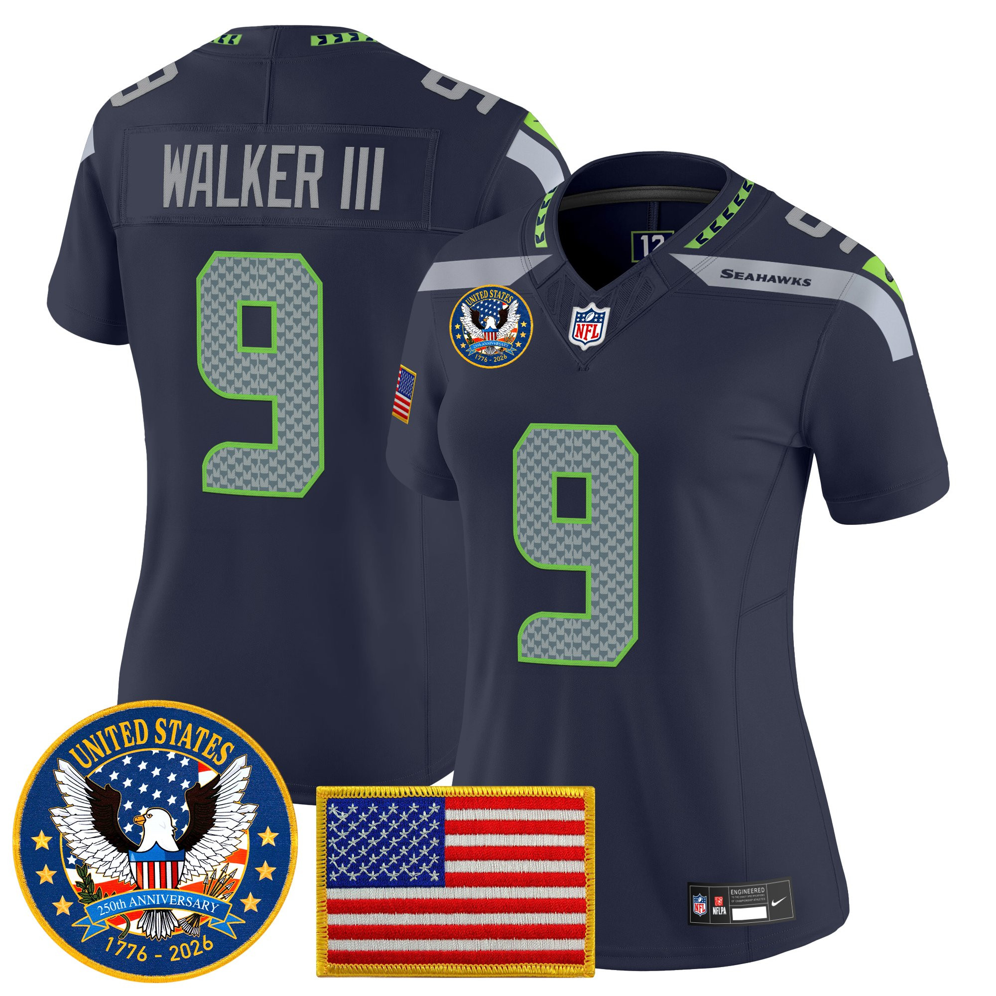 Women's Seattle Seahawks "United States 250th Anniversary Patch" Vapor Limited Jersey - All Stitched - Image 14