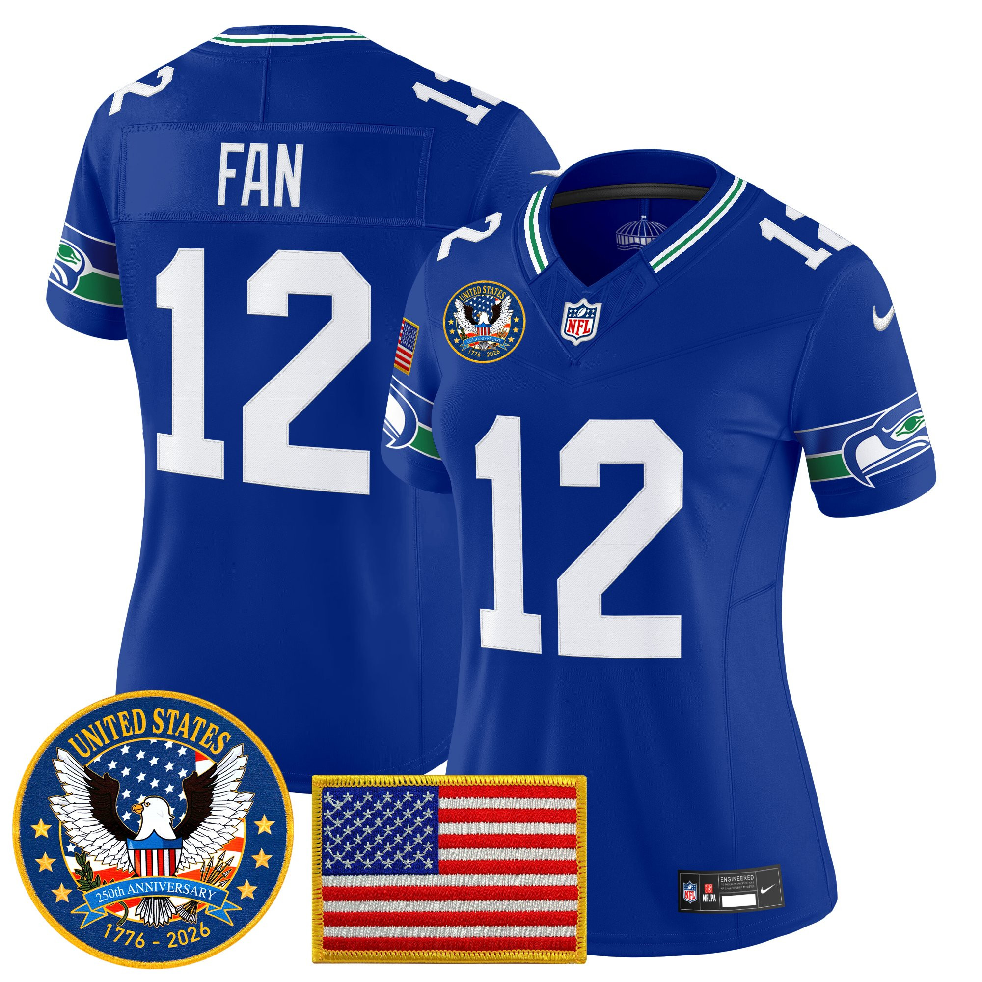 Women's Seattle Seahawks "United States 250th Anniversary Patch" Vapor Limited Jersey - All Stitched - Image 8