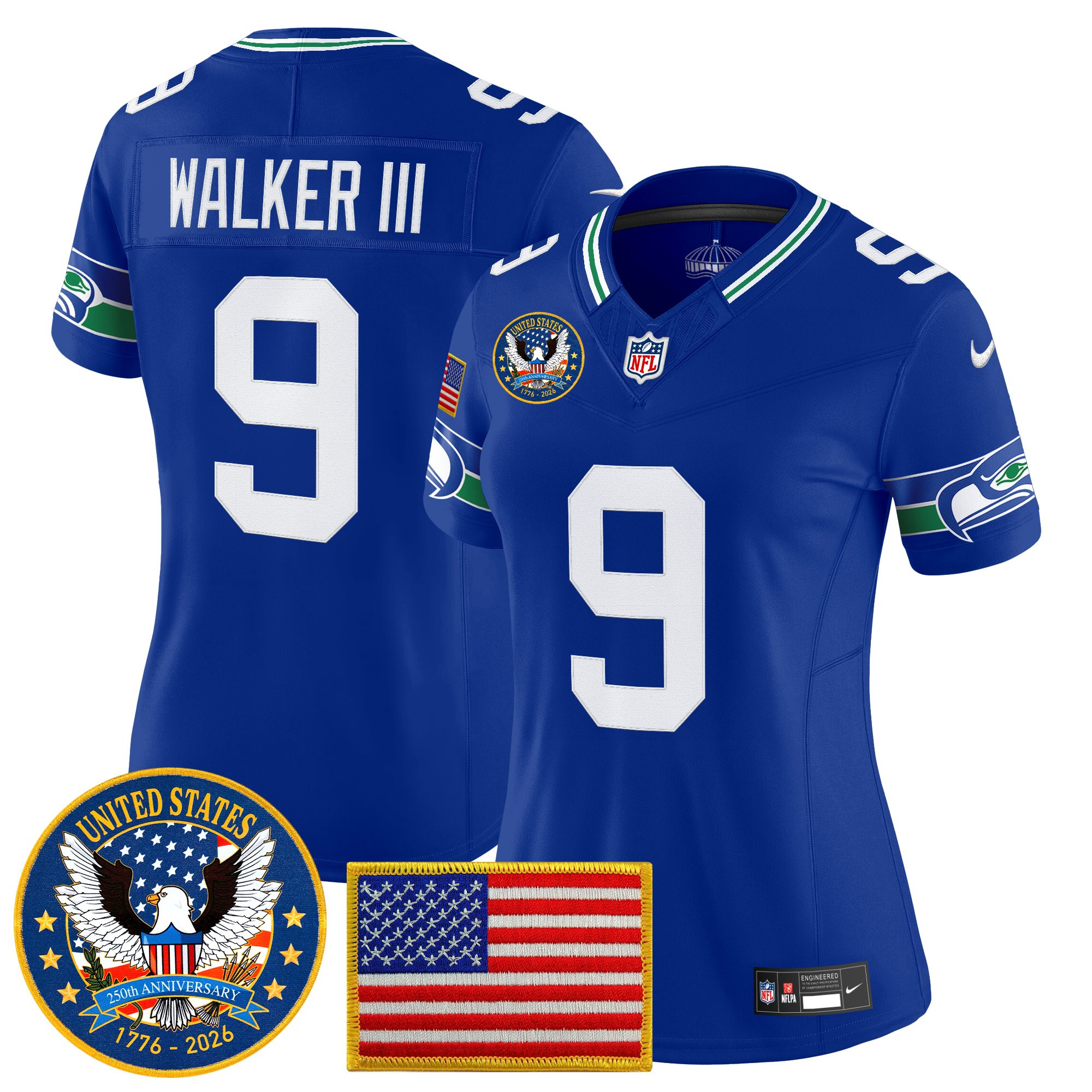 Women's Seattle Seahawks "United States 250th Anniversary Patch" Vapor Limited Jersey - All Stitched - Image 6