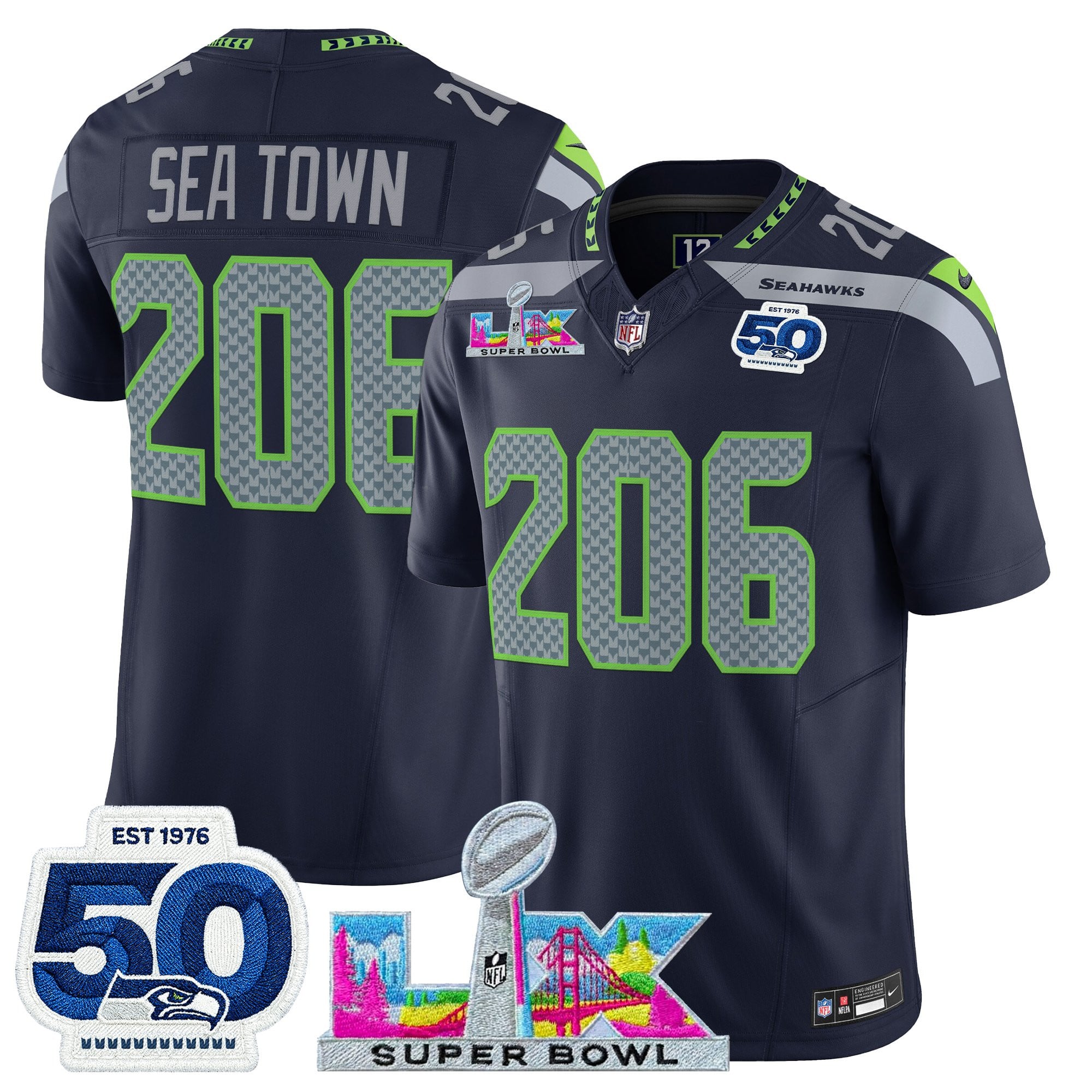 Men's Seattle Seahawks "Super Bowl LX & 50th Patch" Vapor Limited Jersey - All Stitched - Image 10