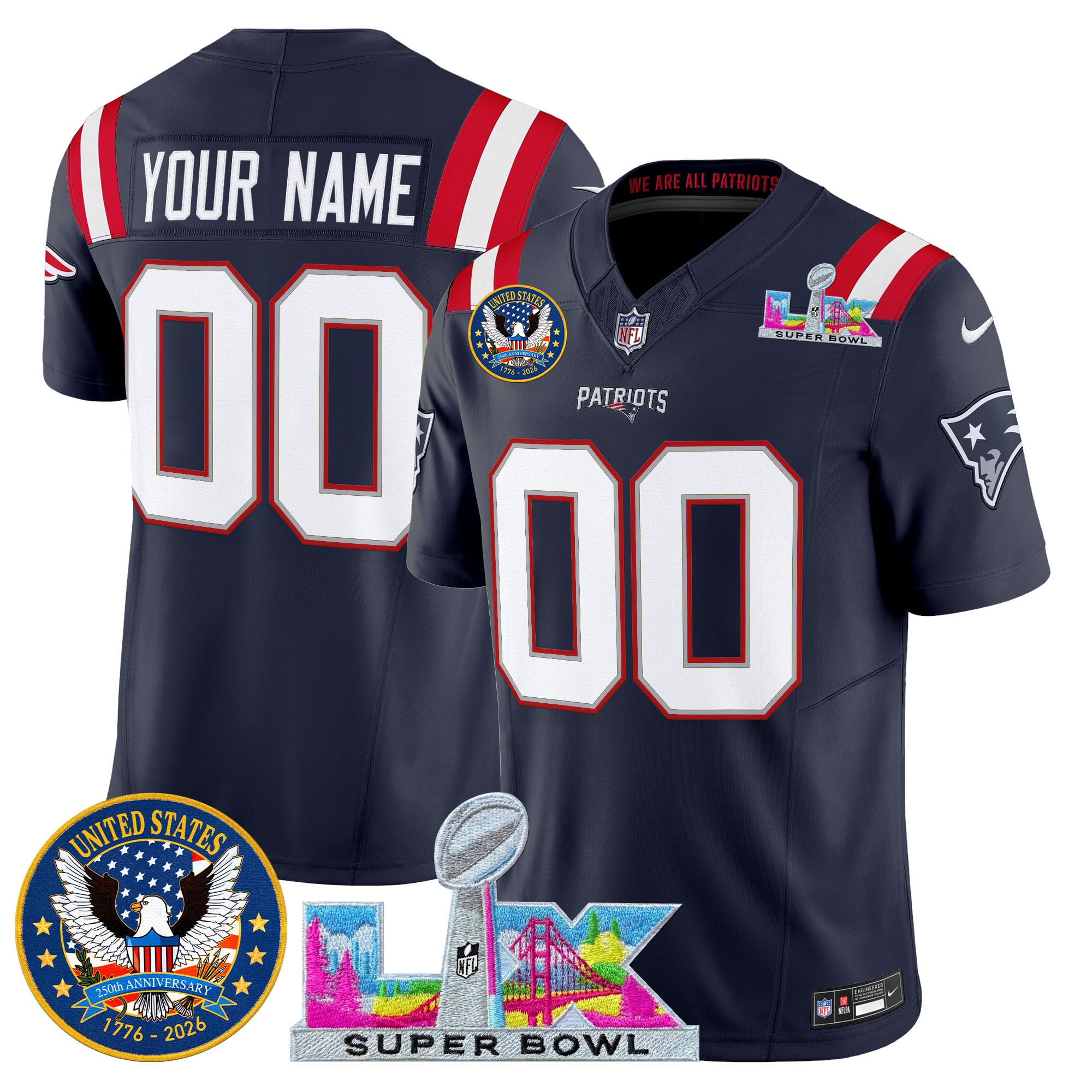 New England Patriots "Super Bowl LX & United States 250th Patch" Vapor Limited Custom Jersey - All Stitched - Image 3