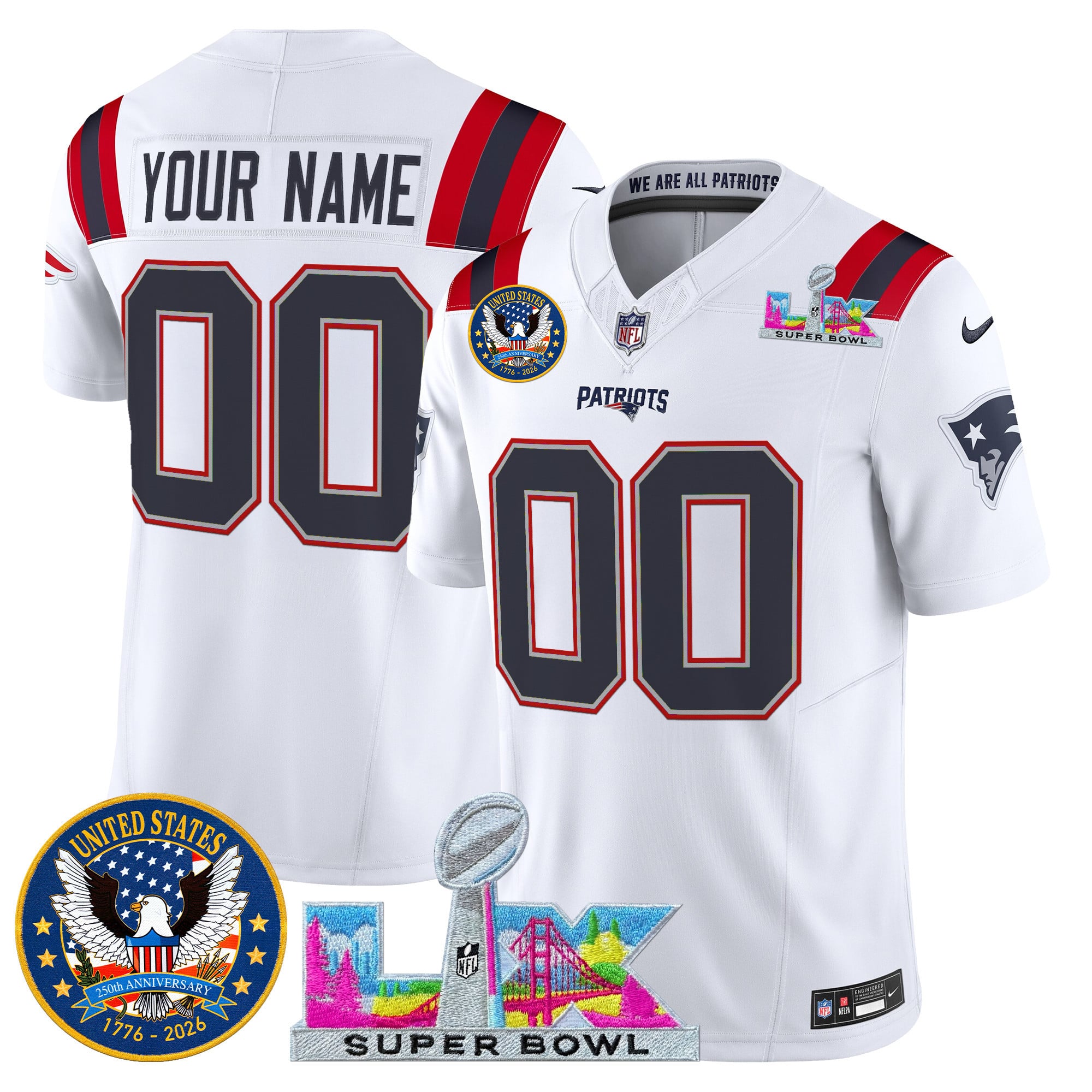 New England Patriots "Super Bowl LX & United States 250th Patch" Vapor Limited Custom Jersey - All Stitched - Image 2
