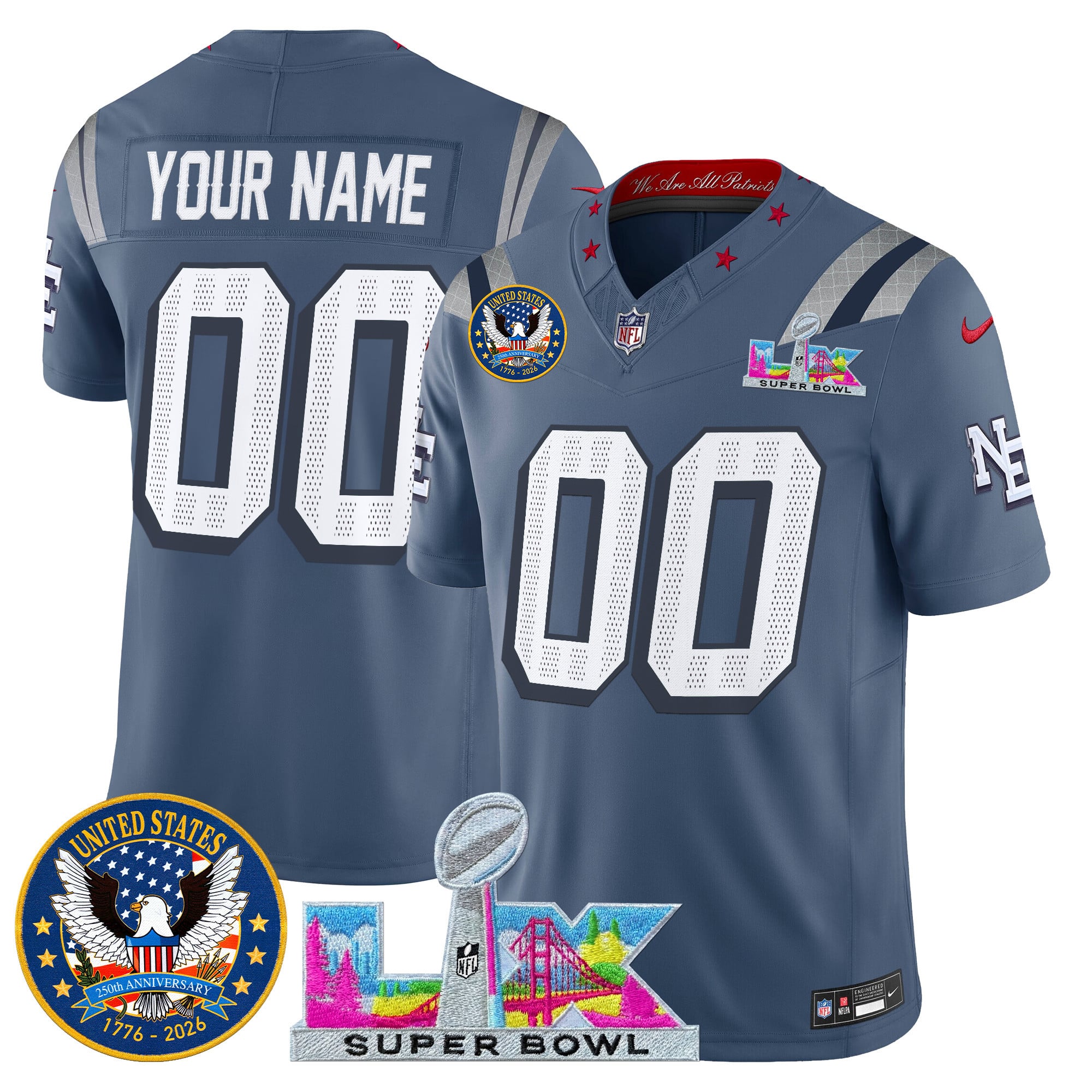New England Patriots "Super Bowl LX & United States 250th Patch" Vapor Limited Custom Jersey - All Stitched