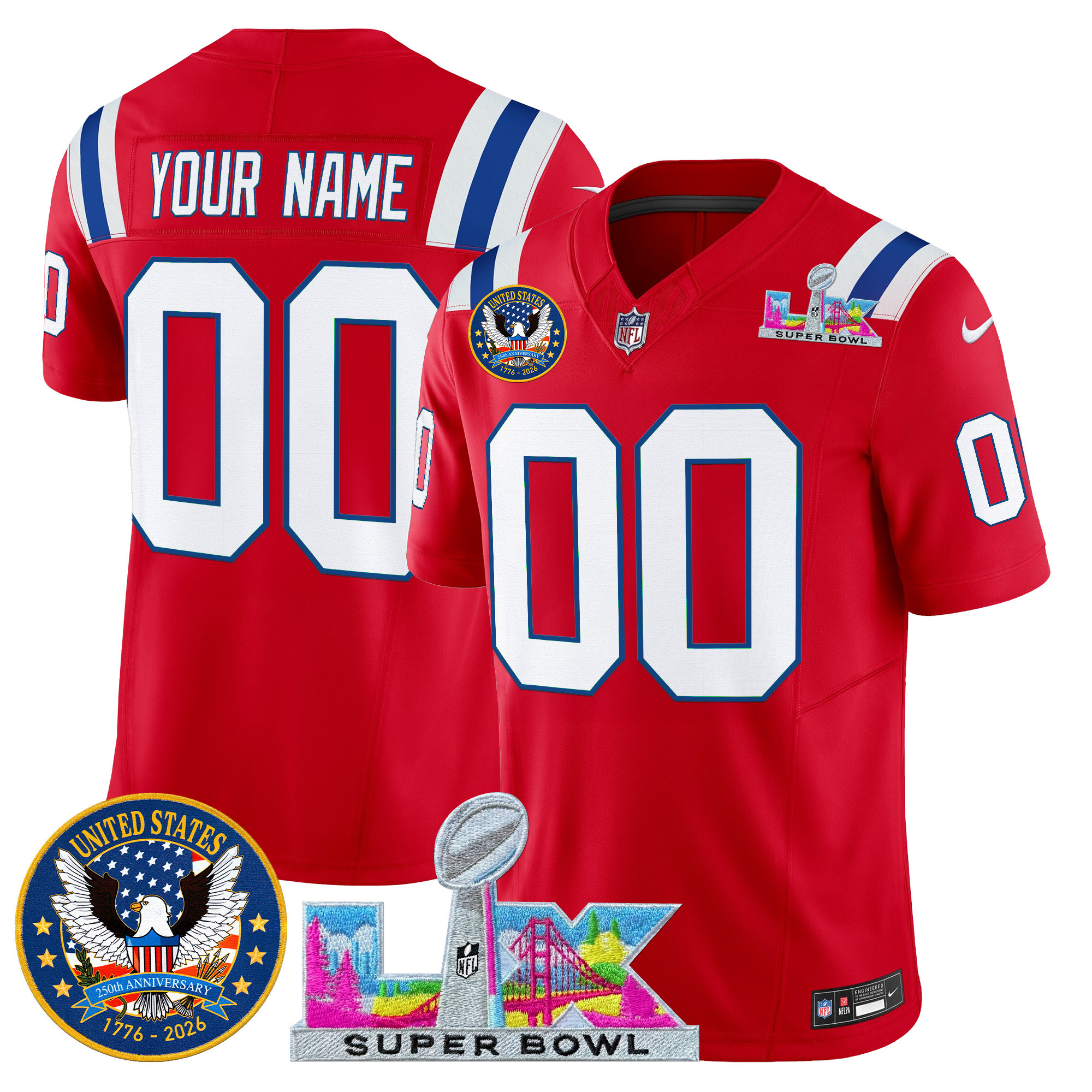 New England Patriots "Super Bowl LX & United States 250th Patch" Vapor Limited Custom Jersey - All Stitched - Image 4