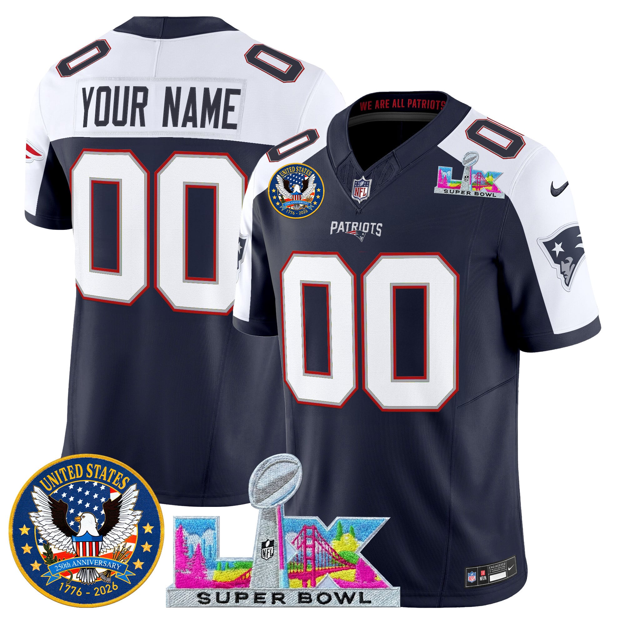New England Patriots "Super Bowl LX & United States 250th Patch" Vapor Limited Custom Jersey - All Stitched - Image 5