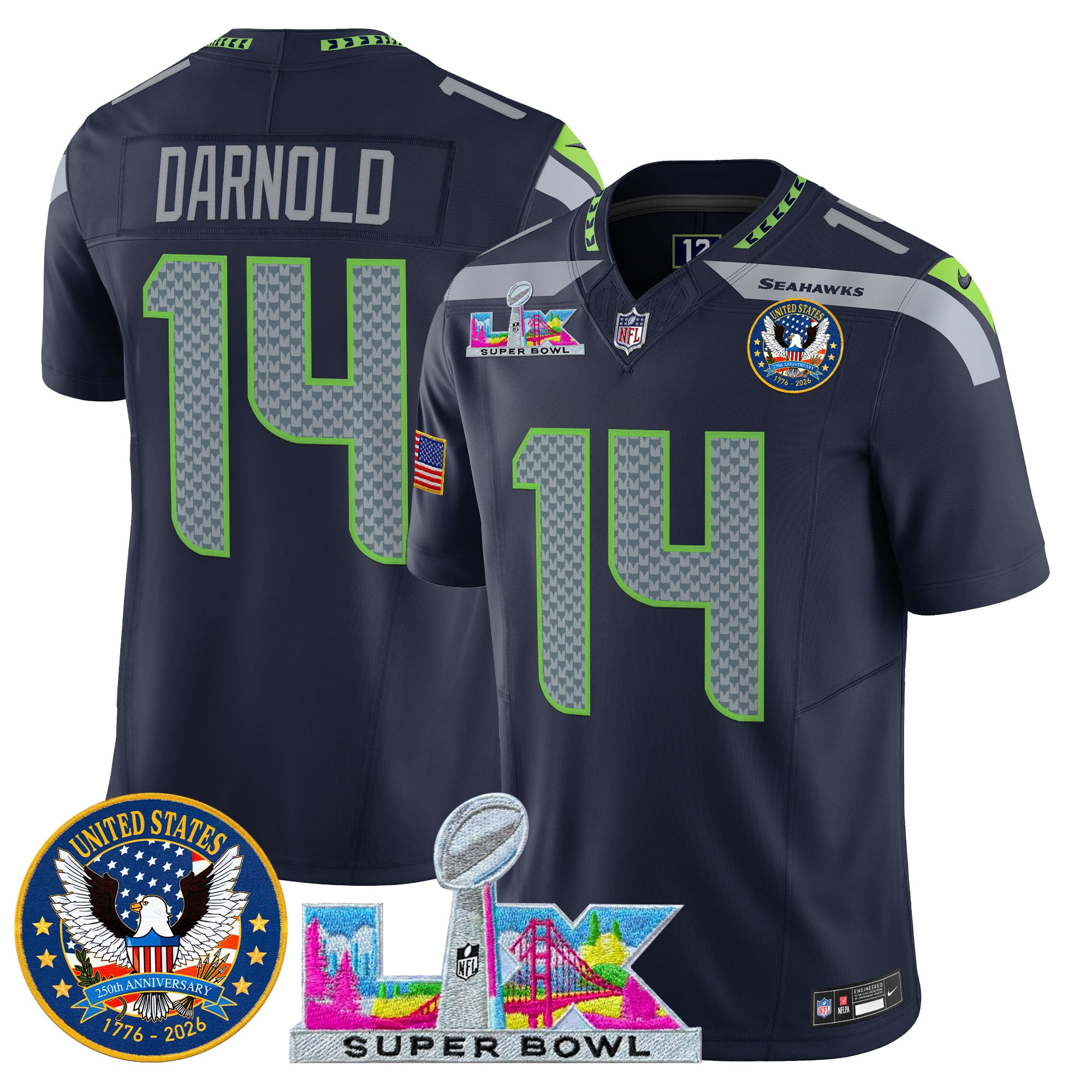 Men's Seattle Seahawks "Super Bowl LX & United States 250th Patch" Vapor Limited Jersey - All Stitched - Image 10