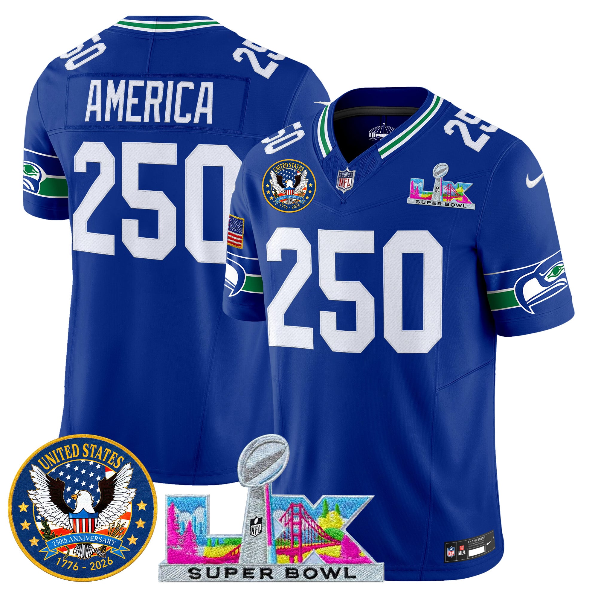 Men's Seattle Seahawks "Super Bowl LX & United States 250th Patch" Vapor Limited Jersey - All Stitched - Image 2