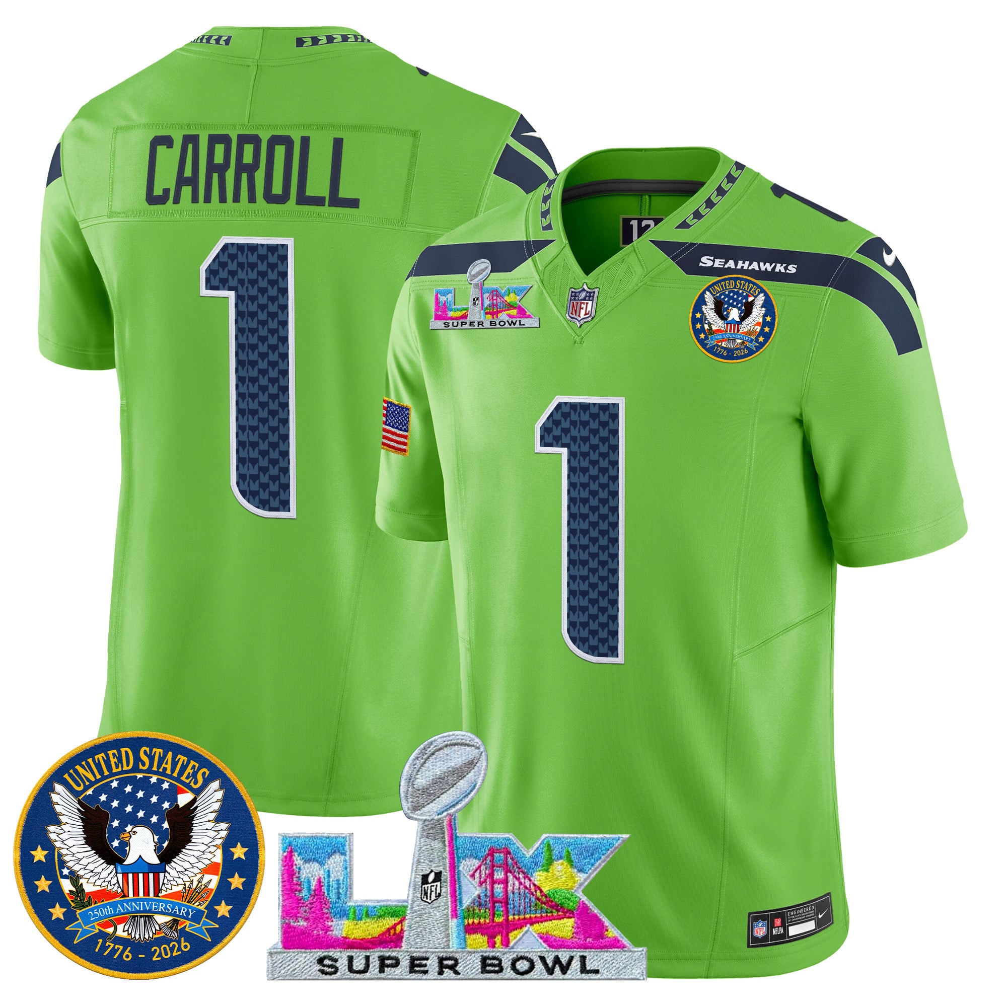 Men's Seattle Seahawks "Super Bowl LX & United States 250th Patch" Vapor Limited Jersey - All Stitched - Image 32