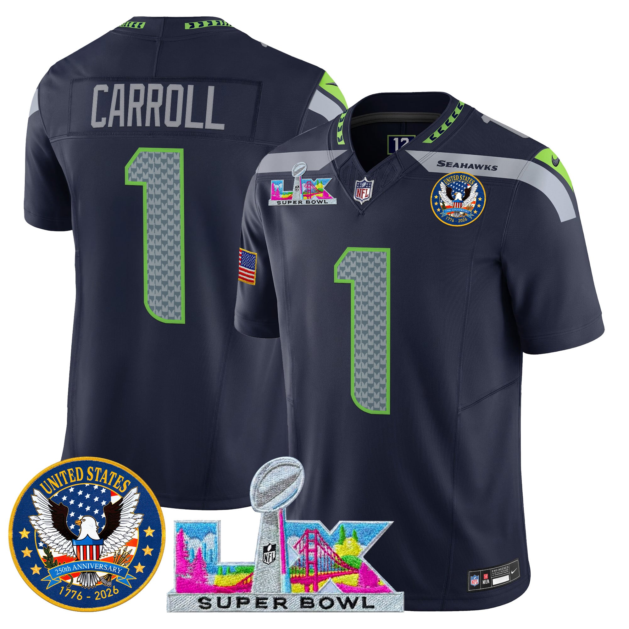 Men's Seattle Seahawks "Super Bowl LX & United States 250th Patch" Vapor Limited Jersey - All Stitched - Image 14