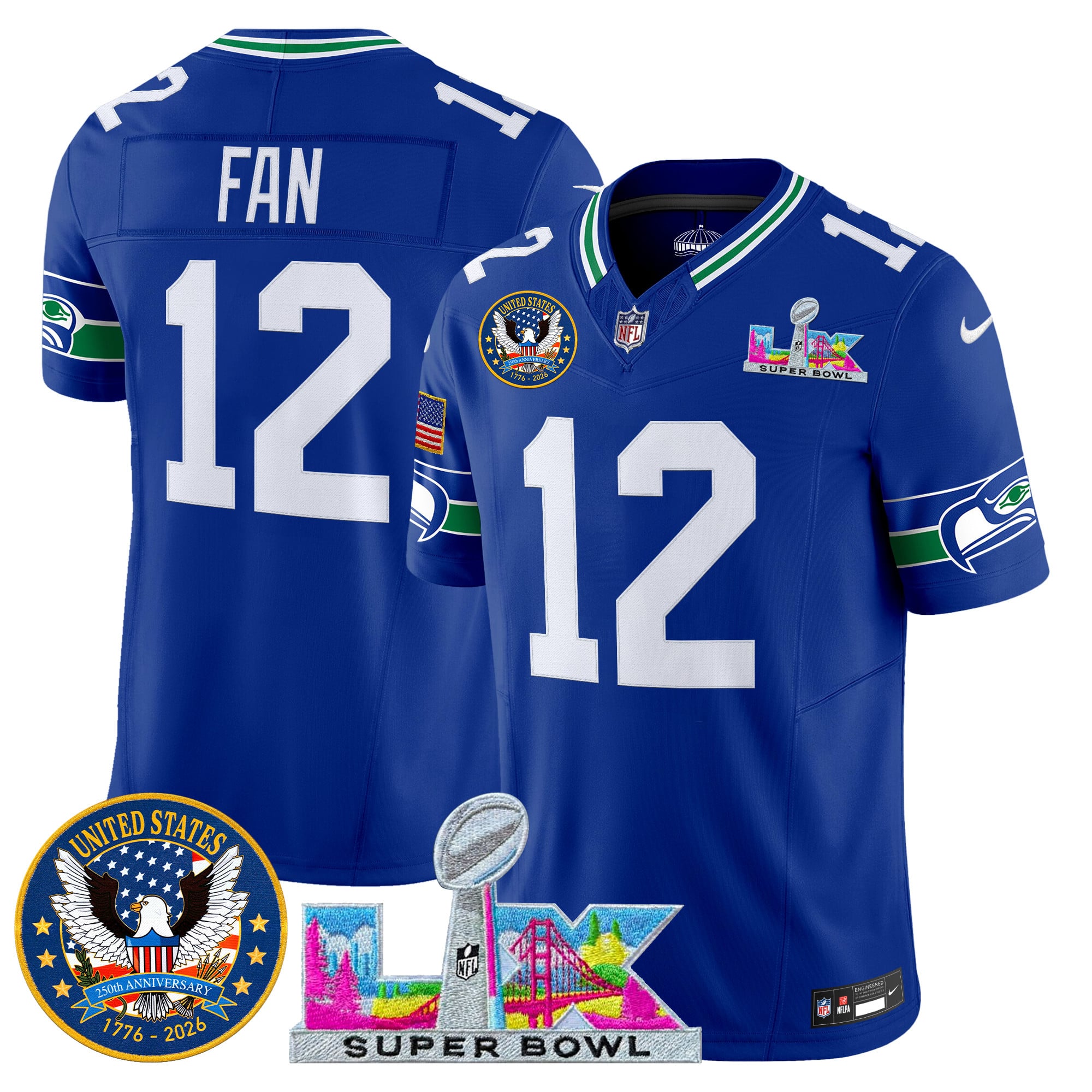 Men's Seattle Seahawks "Super Bowl LX & United States 250th Patch" Vapor Limited Jersey - All Stitched - Image 9