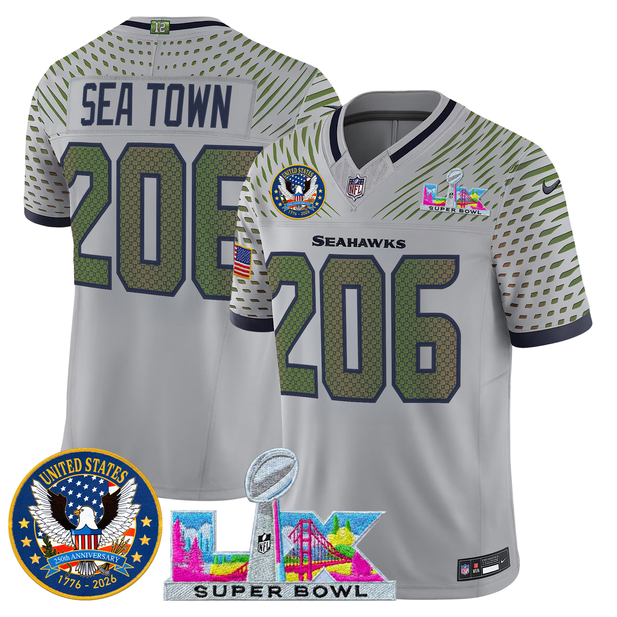 Men's Seattle Seahawks "Super Bowl LX & United States 250th Patch" Vapor Limited Jersey - All Stitched - Image 21