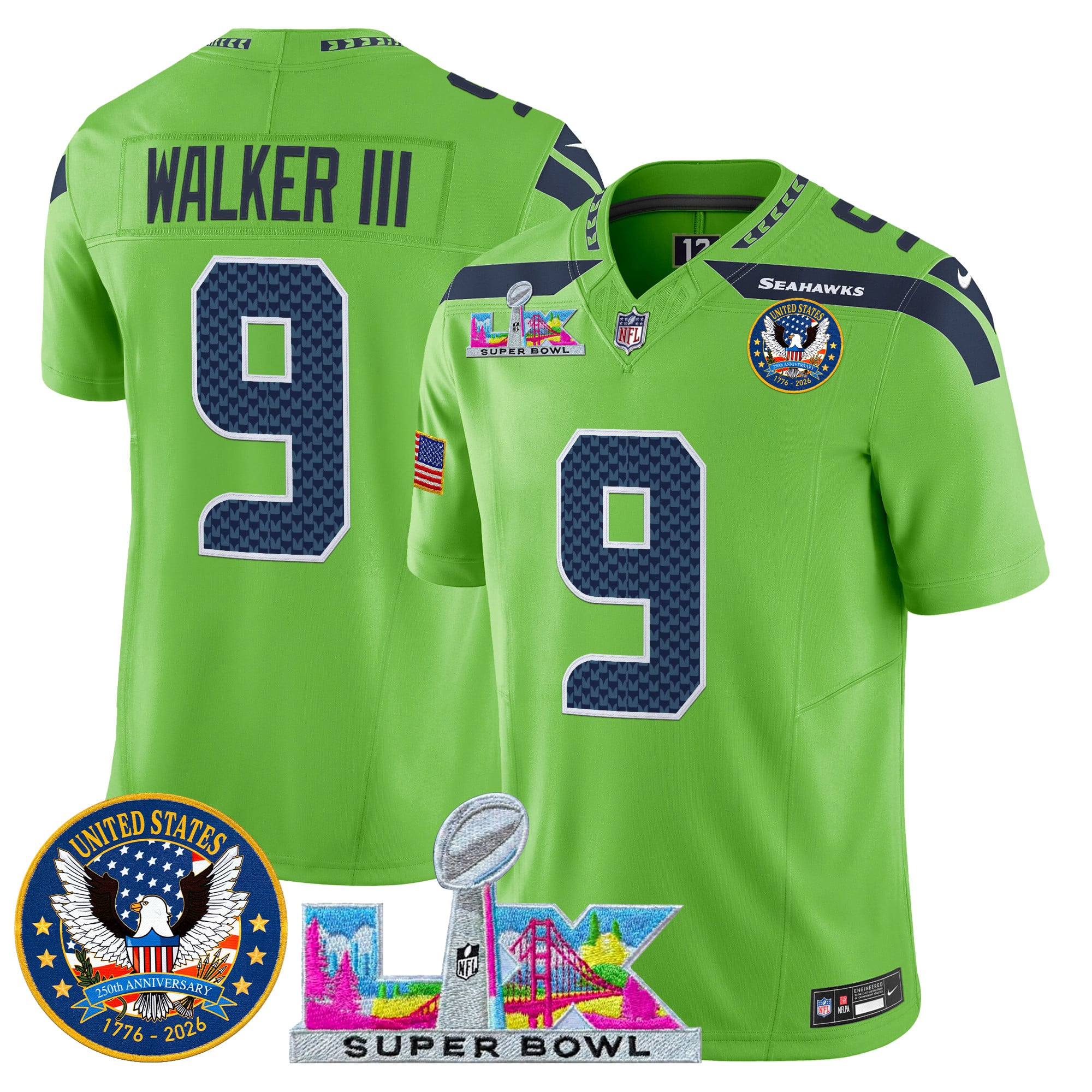 Men's Seattle Seahawks "Super Bowl LX & United States 250th Patch" Vapor Limited Jersey - All Stitched - Image 34