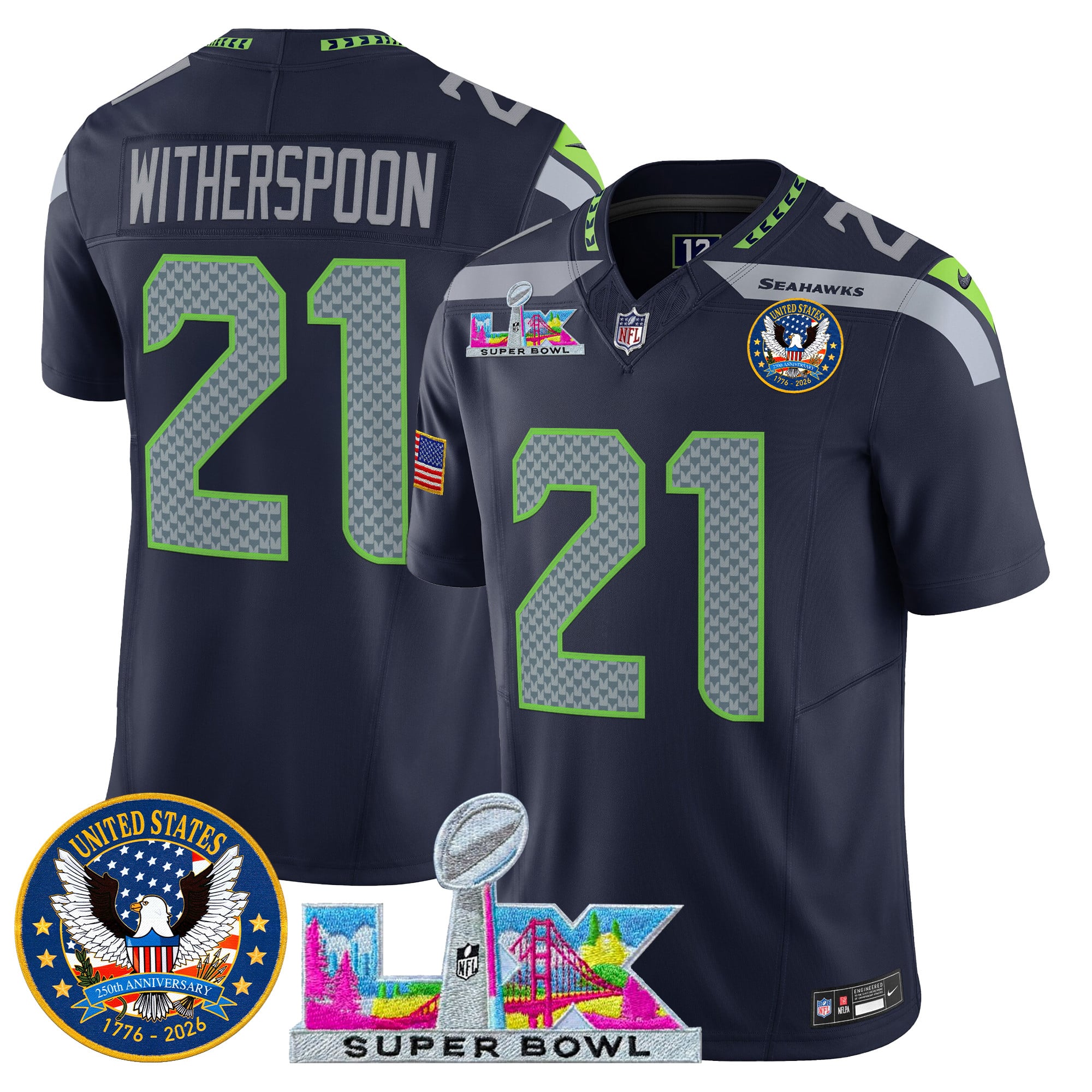 Men's Seattle Seahawks "Super Bowl LX & United States 250th Patch" Vapor Limited Jersey - All Stitched - Image 15