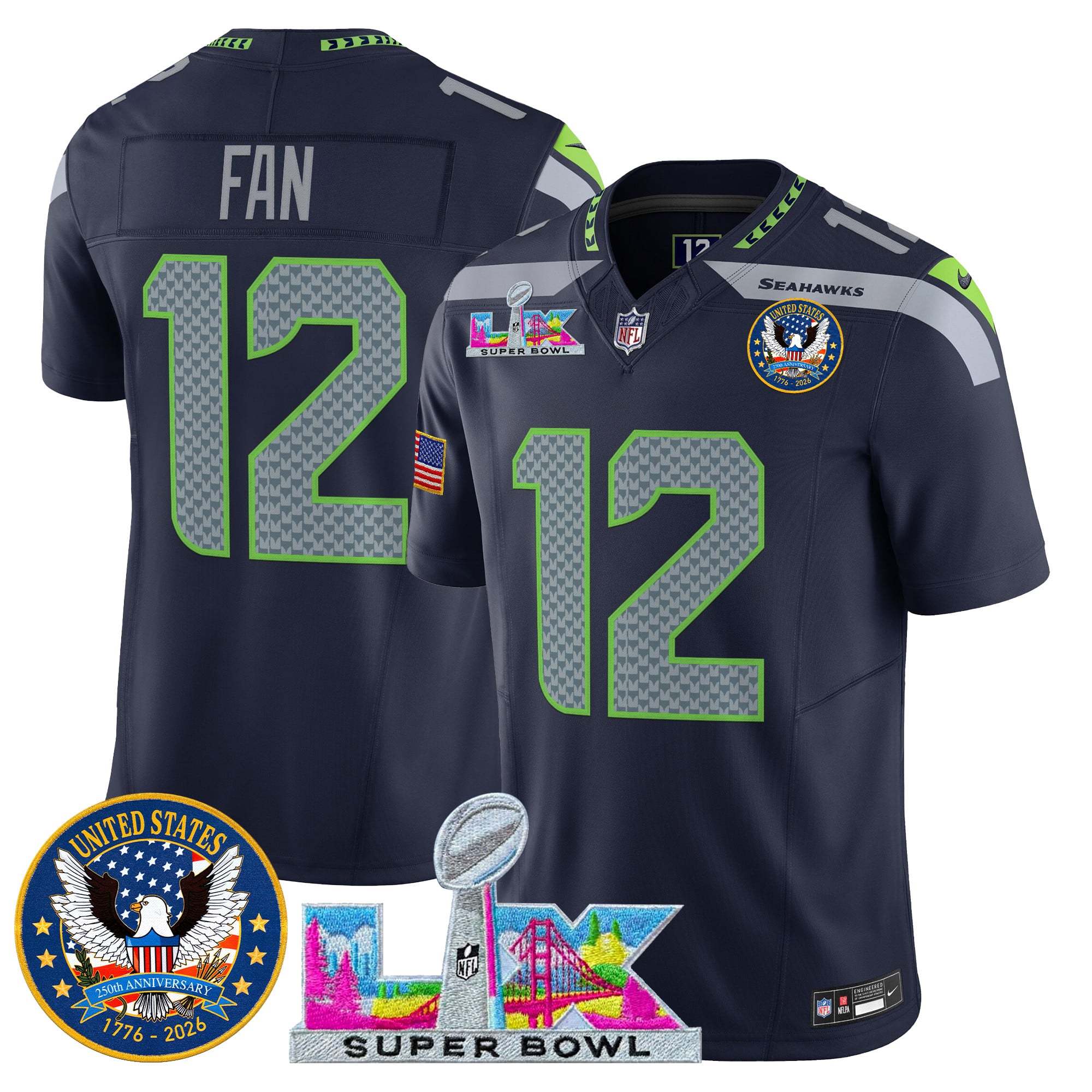 Men's Seattle Seahawks "Super Bowl LX & United States 250th Patch" Vapor Limited Jersey - All Stitched - Image 18