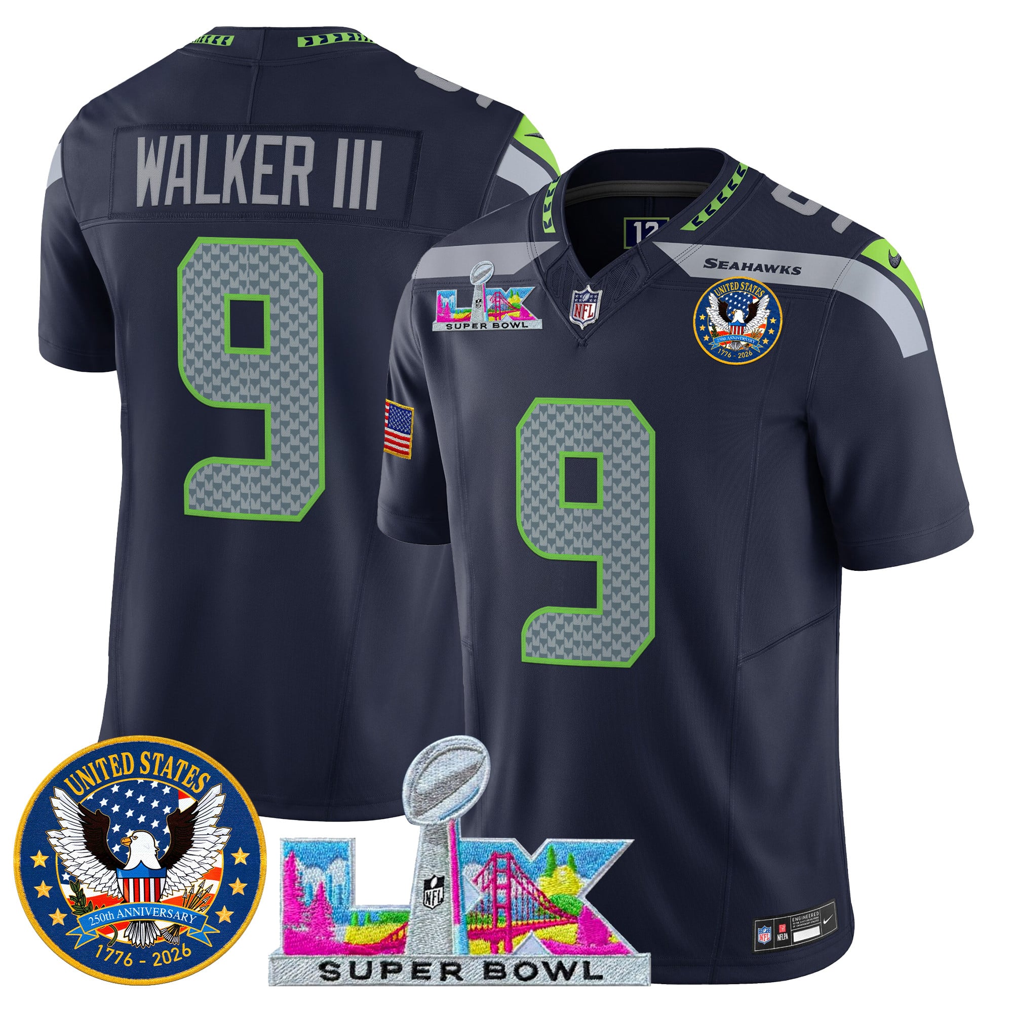 Men's Seattle Seahawks "Super Bowl LX & United States 250th Patch" Vapor Limited Jersey - All Stitched - Image 16