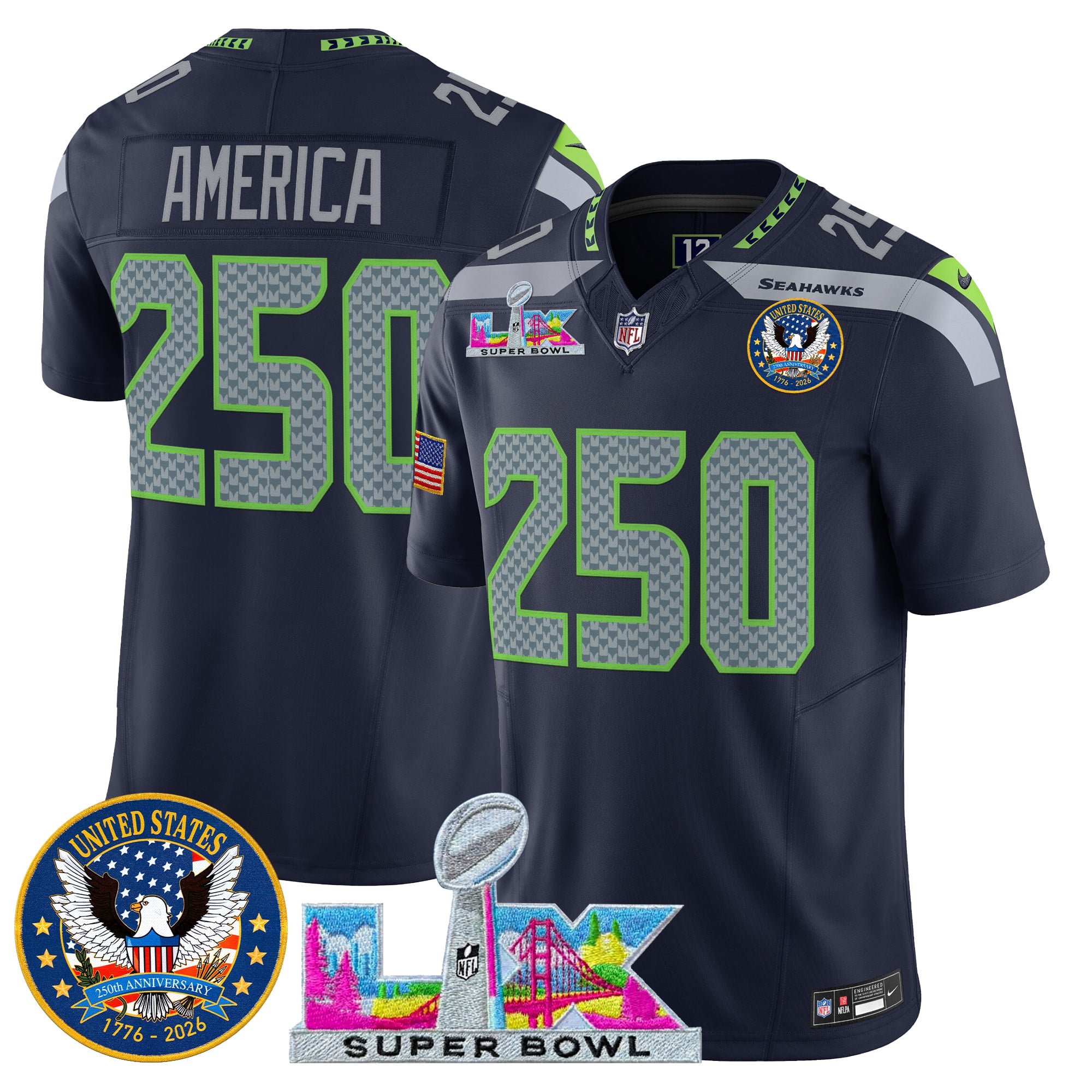 Men's Seattle Seahawks "Super Bowl LX & United States 250th Patch" Vapor Limited Jersey - All Stitched - Image 11