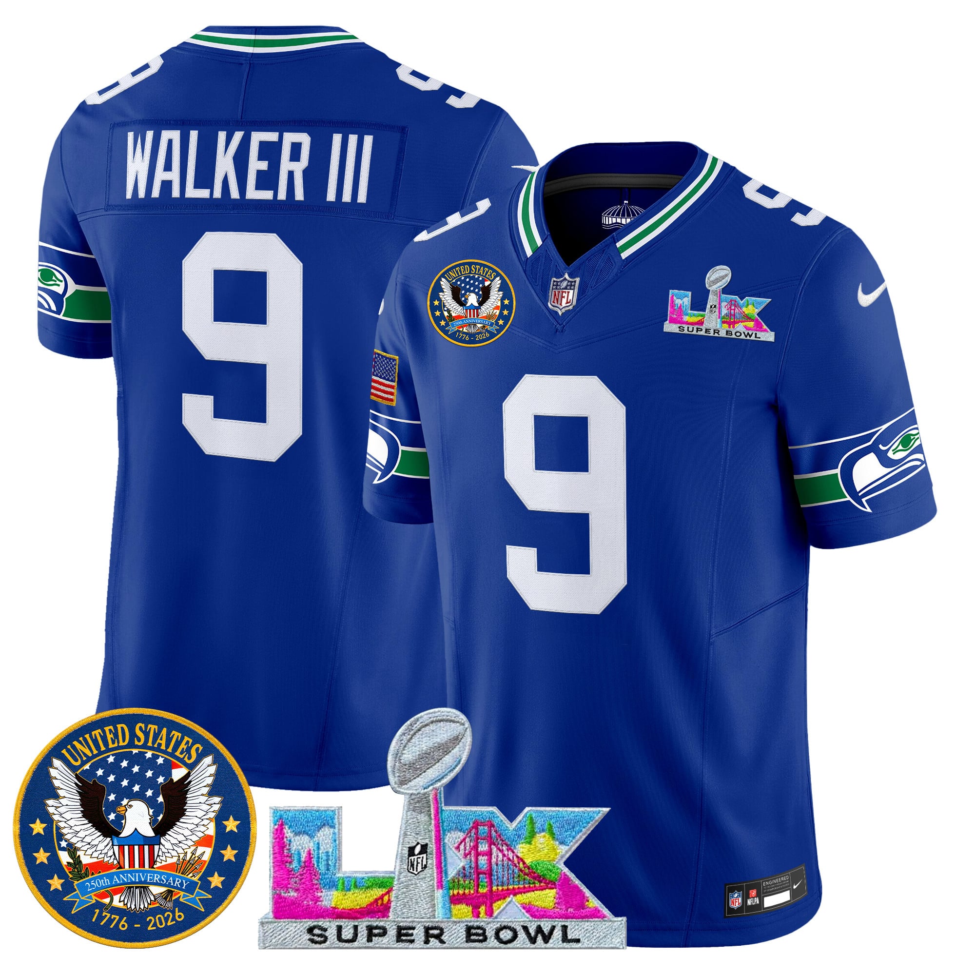 Men's Seattle Seahawks "Super Bowl LX & United States 250th Patch" Vapor Limited Jersey - All Stitched - Image 7