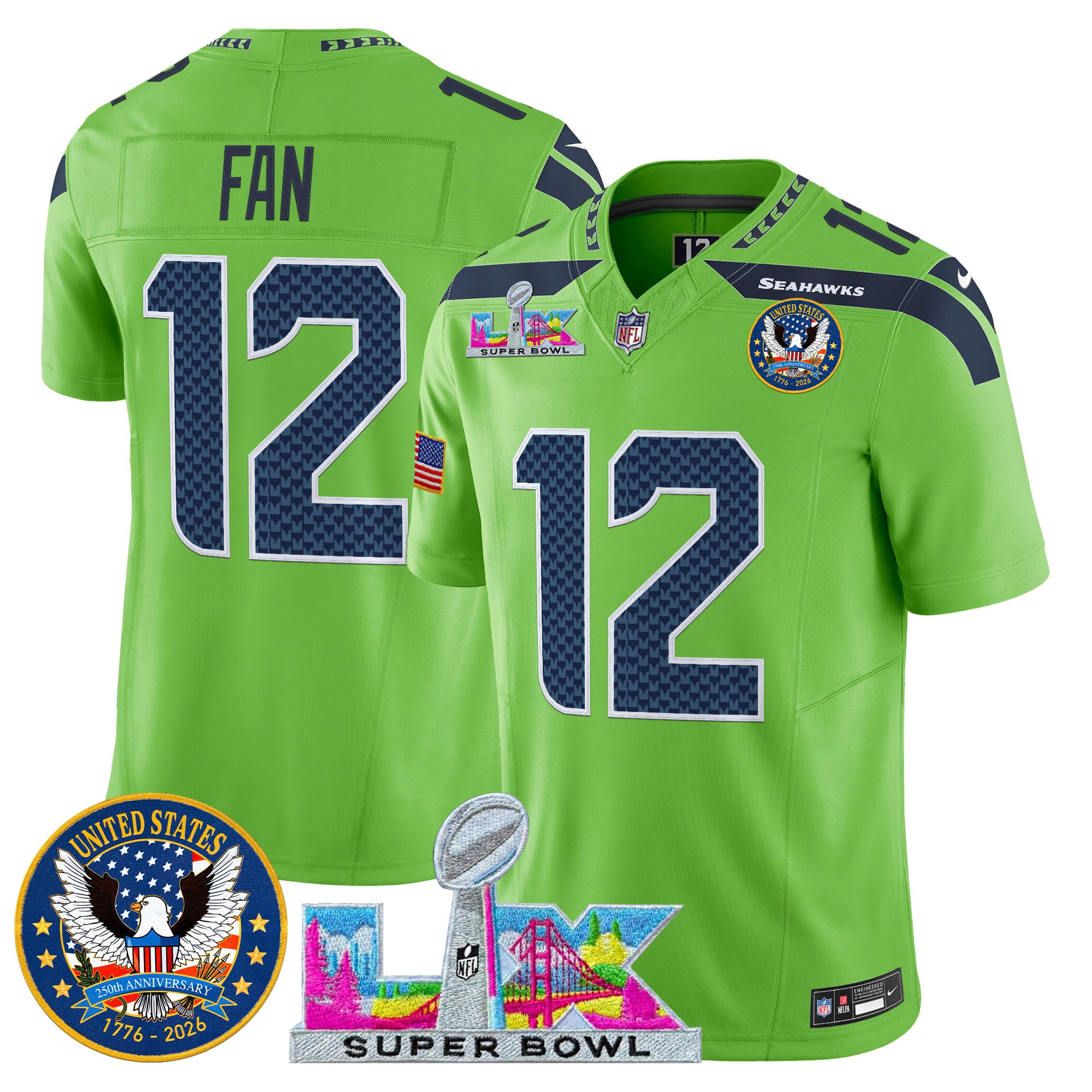 Men's Seattle Seahawks "Super Bowl LX & United States 250th Patch" Vapor Limited Jersey - All Stitched - Image 36