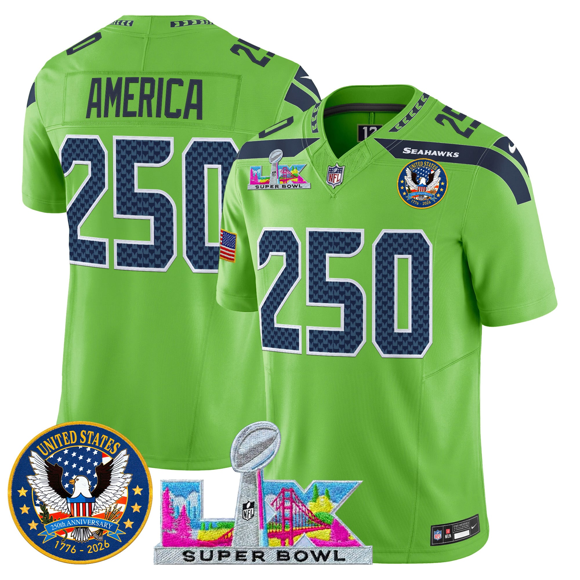 Men's Seattle Seahawks "Super Bowl LX & United States 250th Patch" Vapor Limited Jersey - All Stitched - Image 29