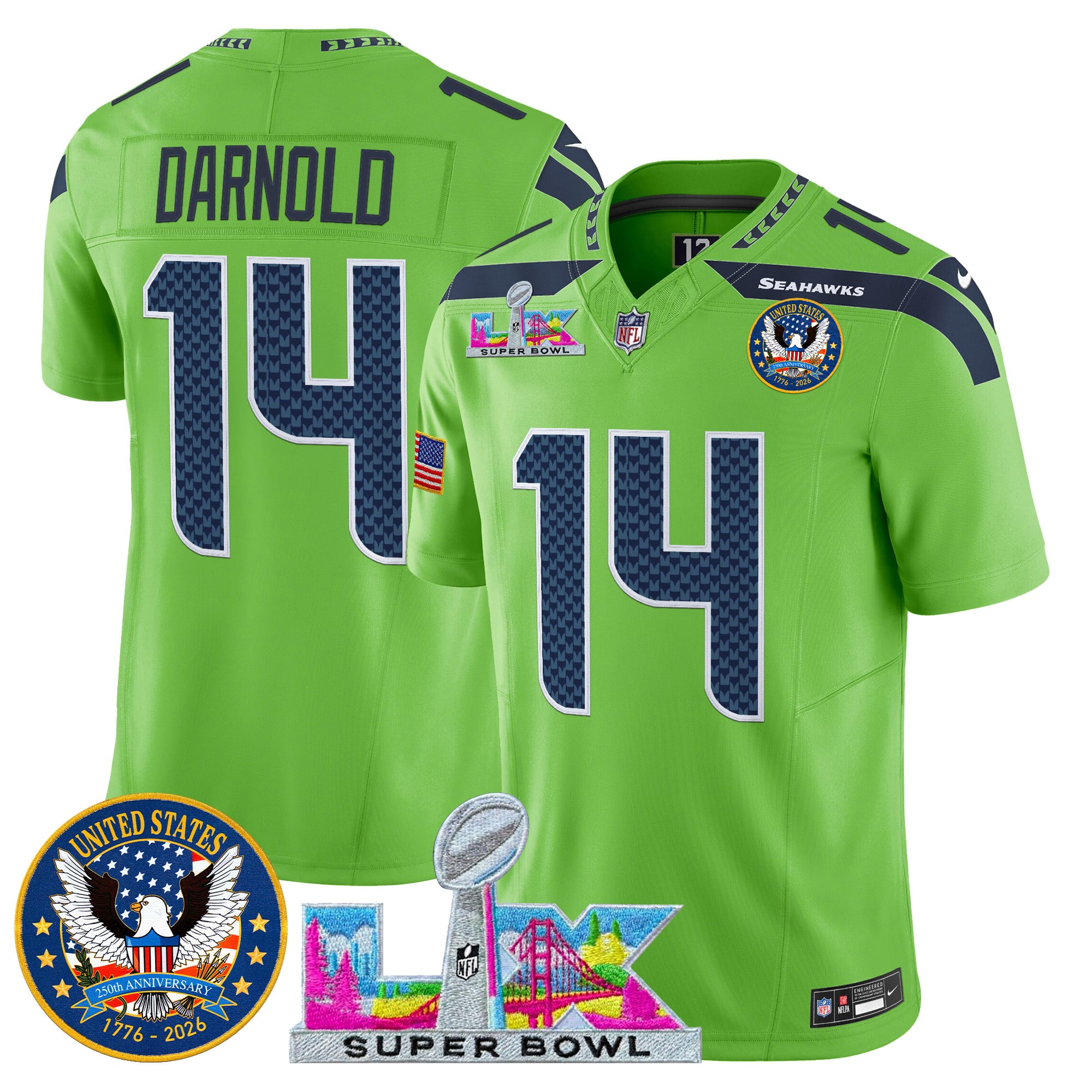 Men's Seattle Seahawks "Super Bowl LX & United States 250th Patch" Vapor Limited Jersey - All Stitched - Image 28