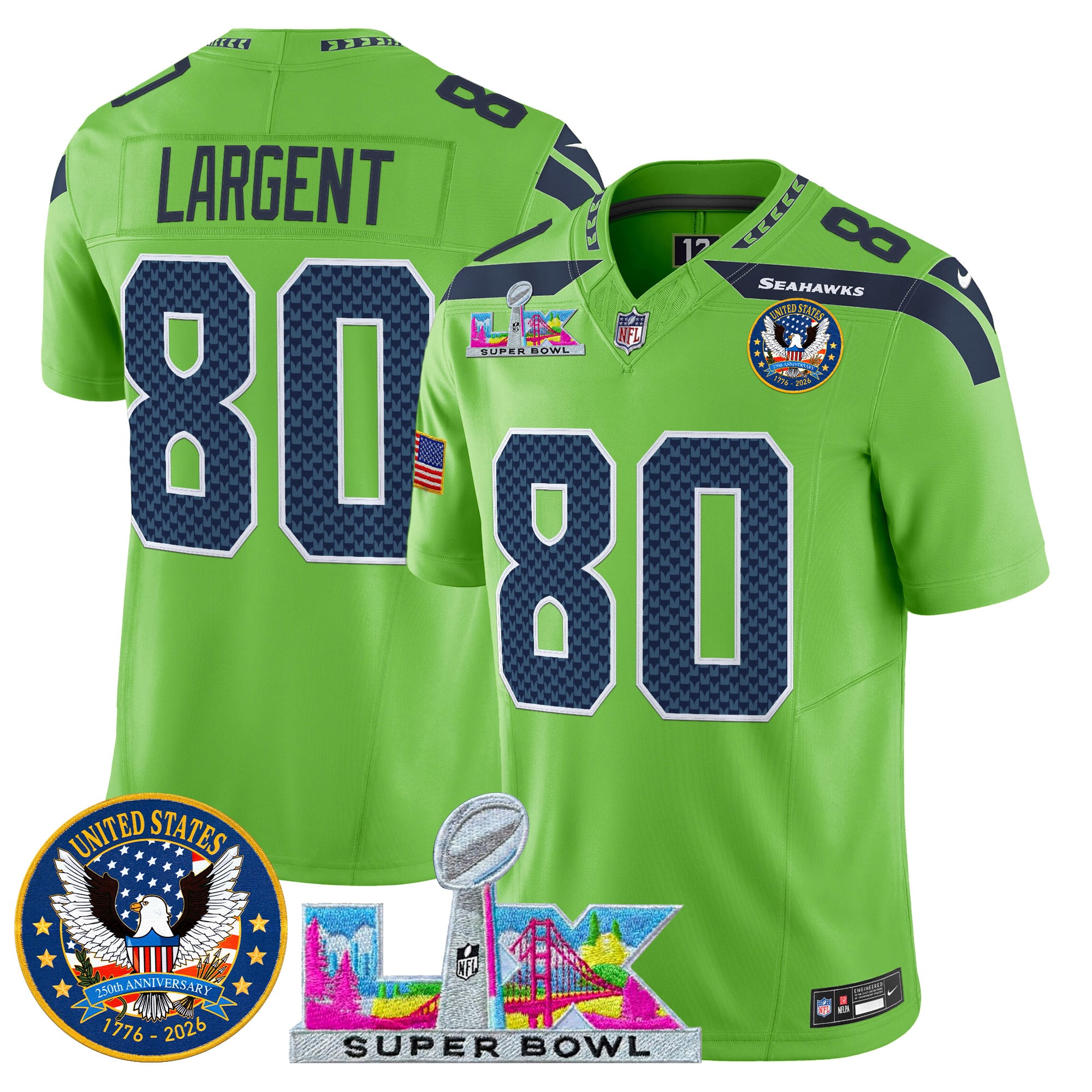 Men's Seattle Seahawks "Super Bowl LX & United States 250th Patch" Vapor Limited Jersey - All Stitched - Image 35