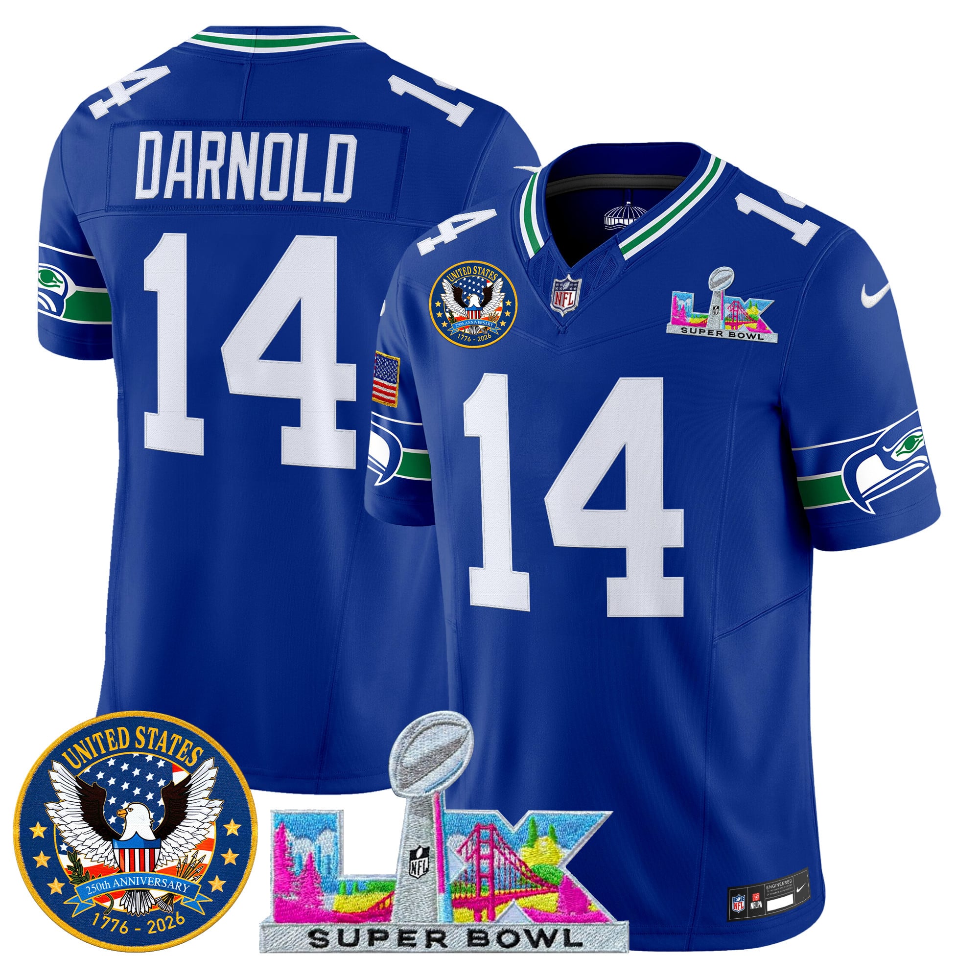 Men's Seattle Seahawks "Super Bowl LX & United States 250th Patch" Vapor Limited Jersey - All Stitched