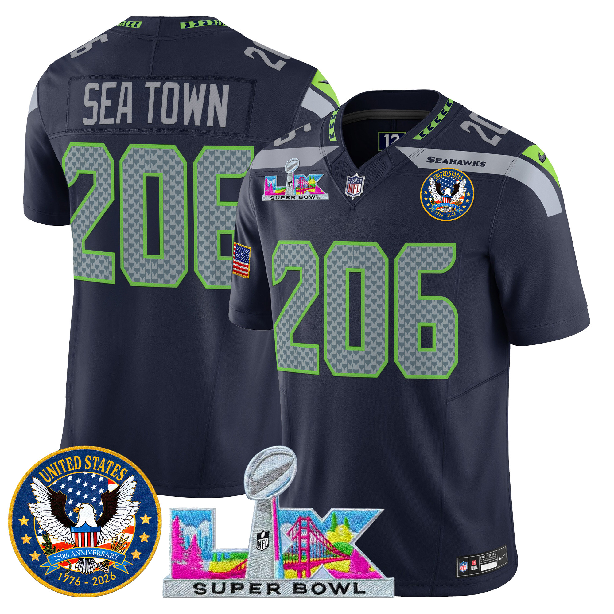 Men's Seattle Seahawks "Super Bowl LX & United States 250th Patch" Vapor Limited Jersey - All Stitched - Image 12