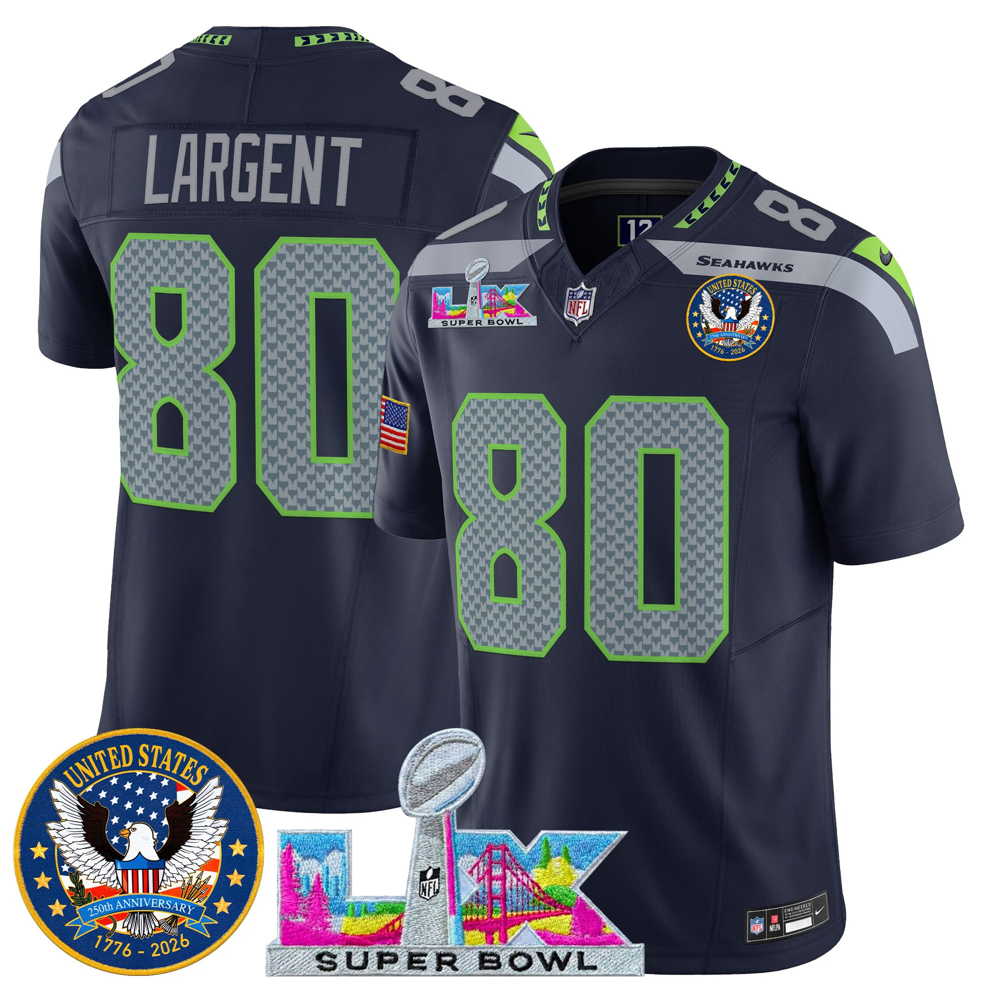 Men's Seattle Seahawks "Super Bowl LX & United States 250th Patch" Vapor Limited Jersey - All Stitched - Image 17