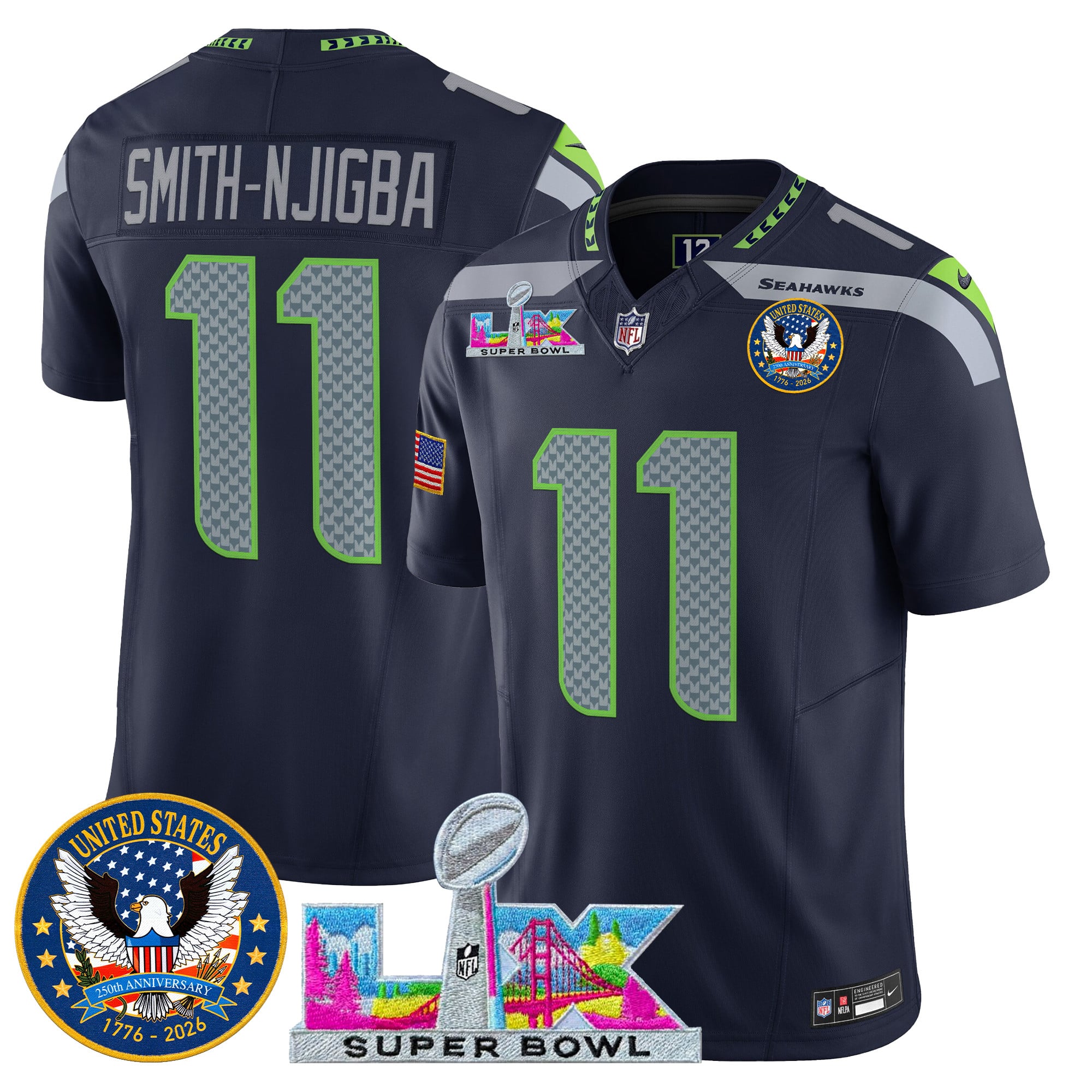 Men's Seattle Seahawks "Super Bowl LX & United States 250th Patch" Vapor Limited Jersey - All Stitched - Image 13